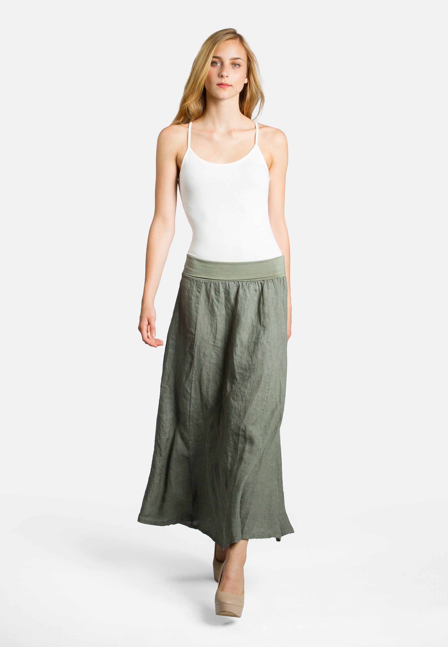 Caspar Faltenrock RO019 Damen langer Maxi Sommer Leinenrock mit figurfreundlichem Stretch Bund - Made in Italy