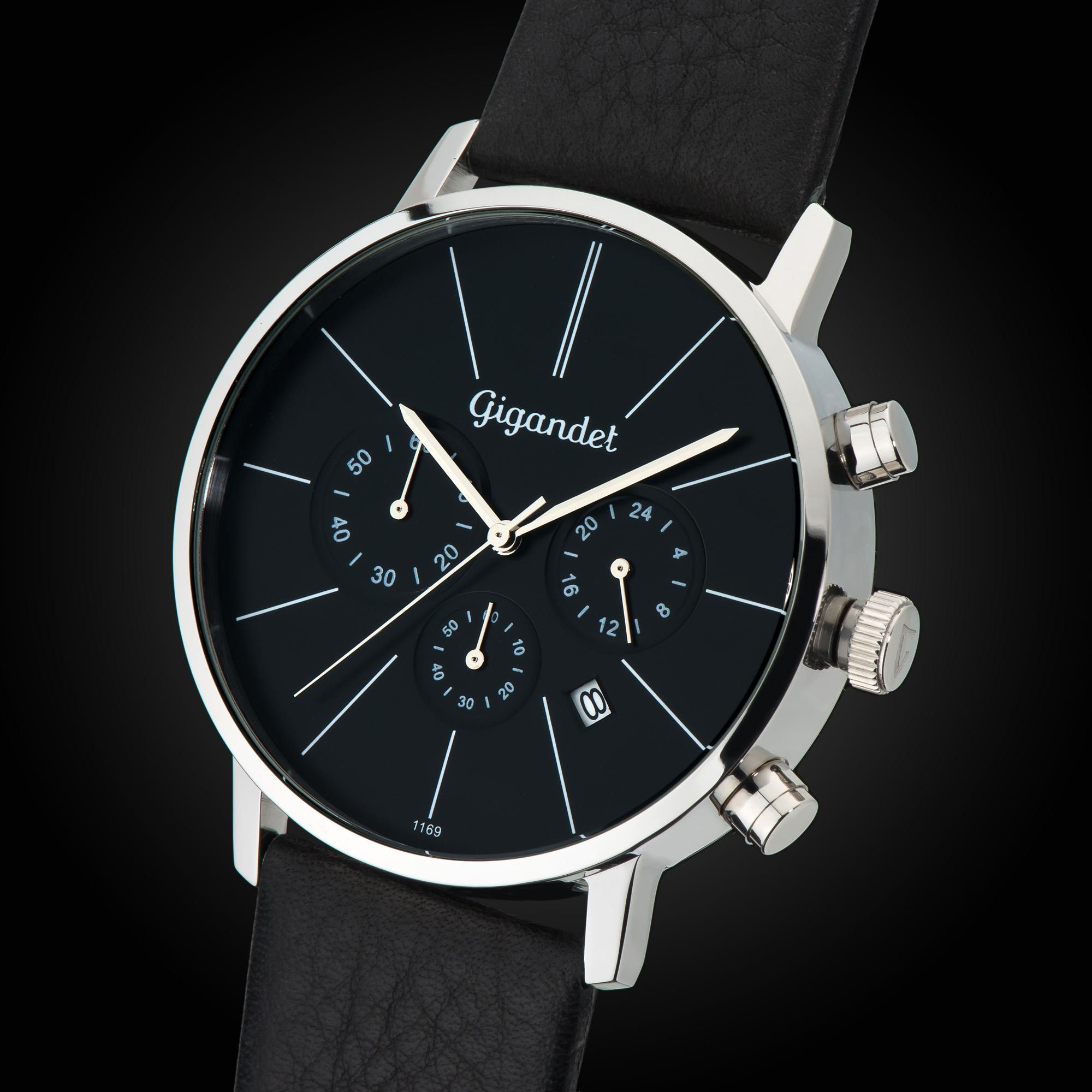 Gigandet Chronograph MINIMALISM Armbanduhr Uhr Damenuhr Herrenuhr Unisex schwarz G32-002, Lederarmband, Edelstahlgehäuse, 3ATM wasserdicht, Modell G32-002