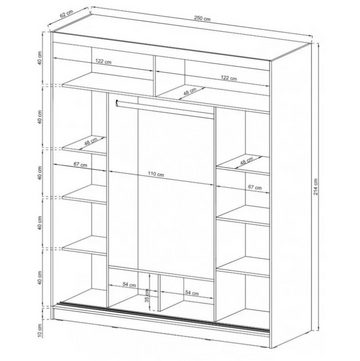 MOEBLO Kleiderschrank KUBA 250 ALU (Dekorative Aluminiumleisten, Wohnzimmerschrank 3-türig Schrank mit Spiegel Gaderobe Schiebtüren, Schwebetürenschrank mit Einlegeböden und Kleiderstange) (BxHxT): 250x200x214x62 cm