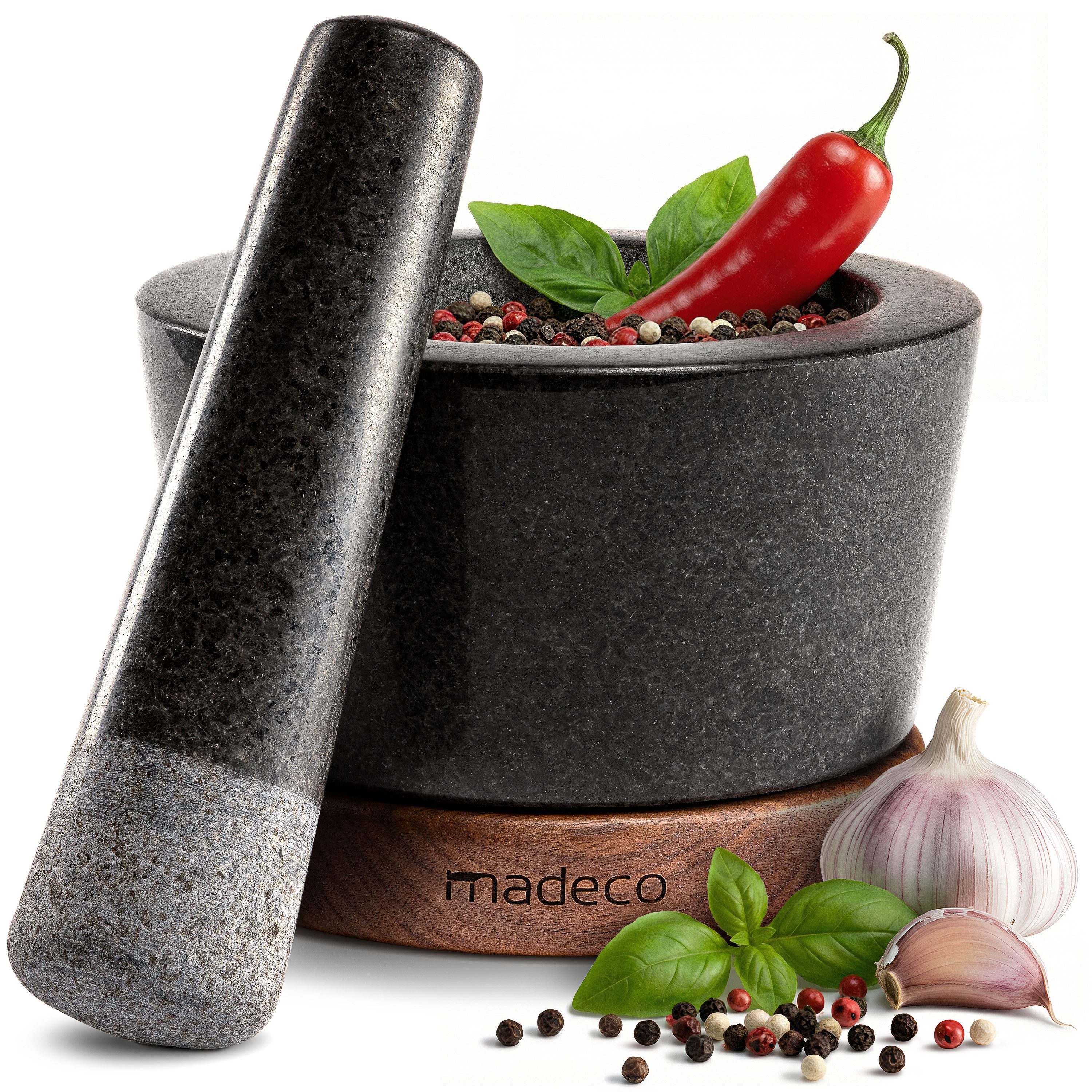 madeco Mörser Granit Mörser mit Stößel auf Holzsockel - für Gewürze & Kräuter, (Set, 2-tlg), Ø 14,5 x 10 cm, 450 ml Füllvolumen