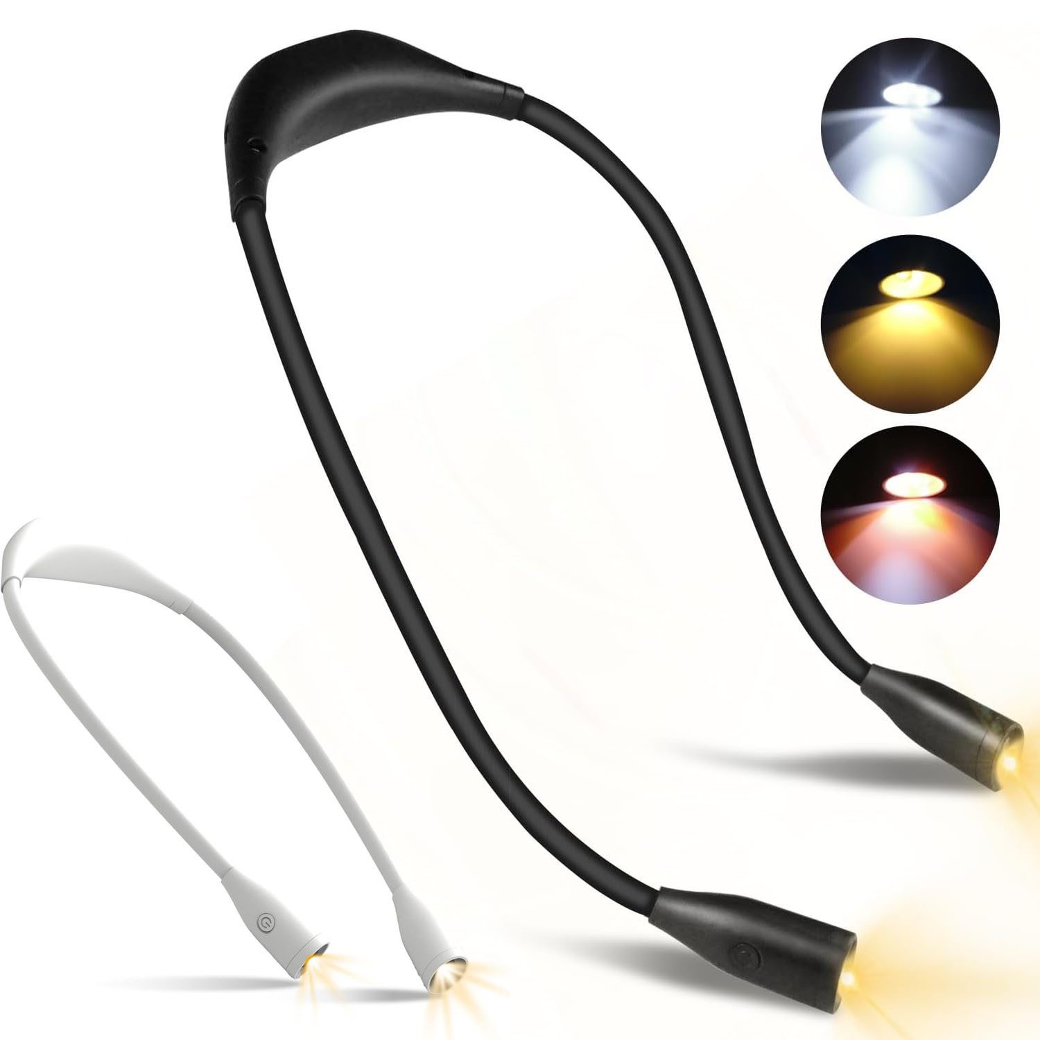 QUBEBU LED Leselampe Hals Leselampen Dimmbar Buchlampe Aufladbar Leselicht Halslampe, 360° Verstellbaren Armen, LED fest integriert, 3 Farbtemperatur: Gelb (1800 K), Warmweiß (4000 K), Kaltweiß (6000 K), Leselicht für Lesen Stricken Camping Nähen Reparieren