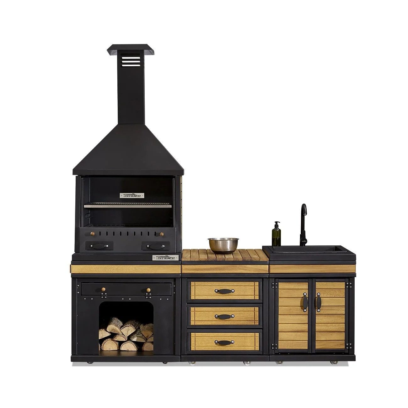 JVmoebel Outdoor-Küche Moderne Außenküche Schwarz aus Holz und Edelstahl, Made in Europe