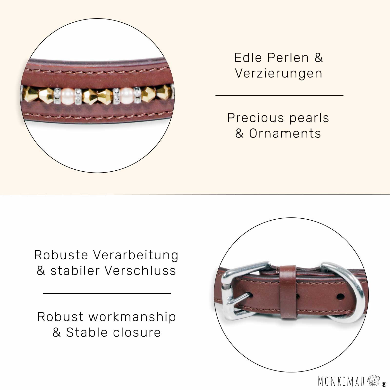 Monkimau Hunde-Halsband Hundehalsband Leder Halsband Hund braun mit Kristallen S-XS, Leder