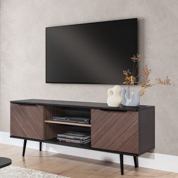 Lomadox Lowboard PRETORIA-132, Fernsehschrank, 150cm breit, graphit mit braun in Holzoptik, 2 Türen