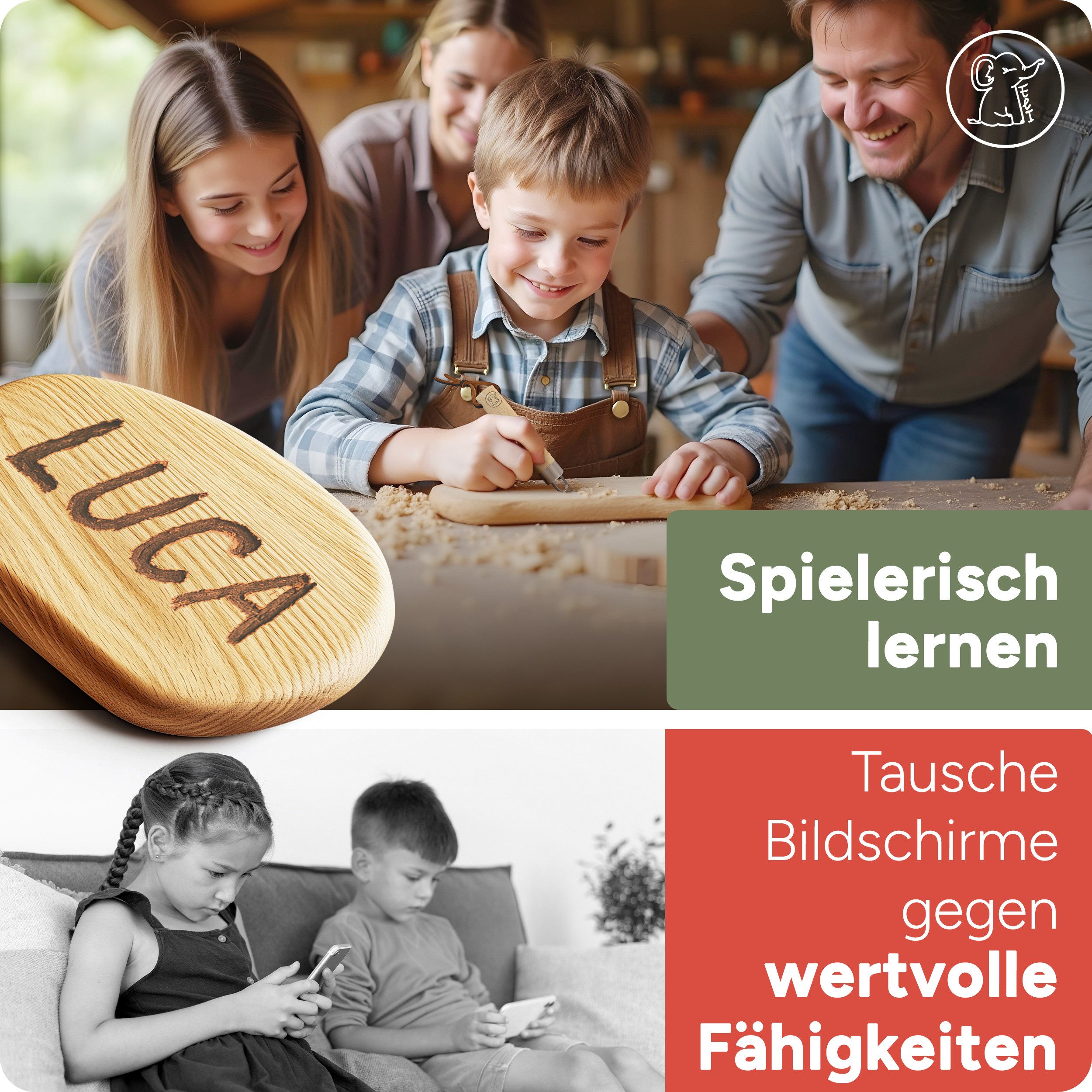Eli Taschenmesser Schnitzmesser für Kinder mit runder Klinge ab 8 Jahre - Kindermesser, (Schnitzset - Kinderschnitzmesser -, Schnitzwerkzeug), Outdoor Messer für Jungen und Mädchen