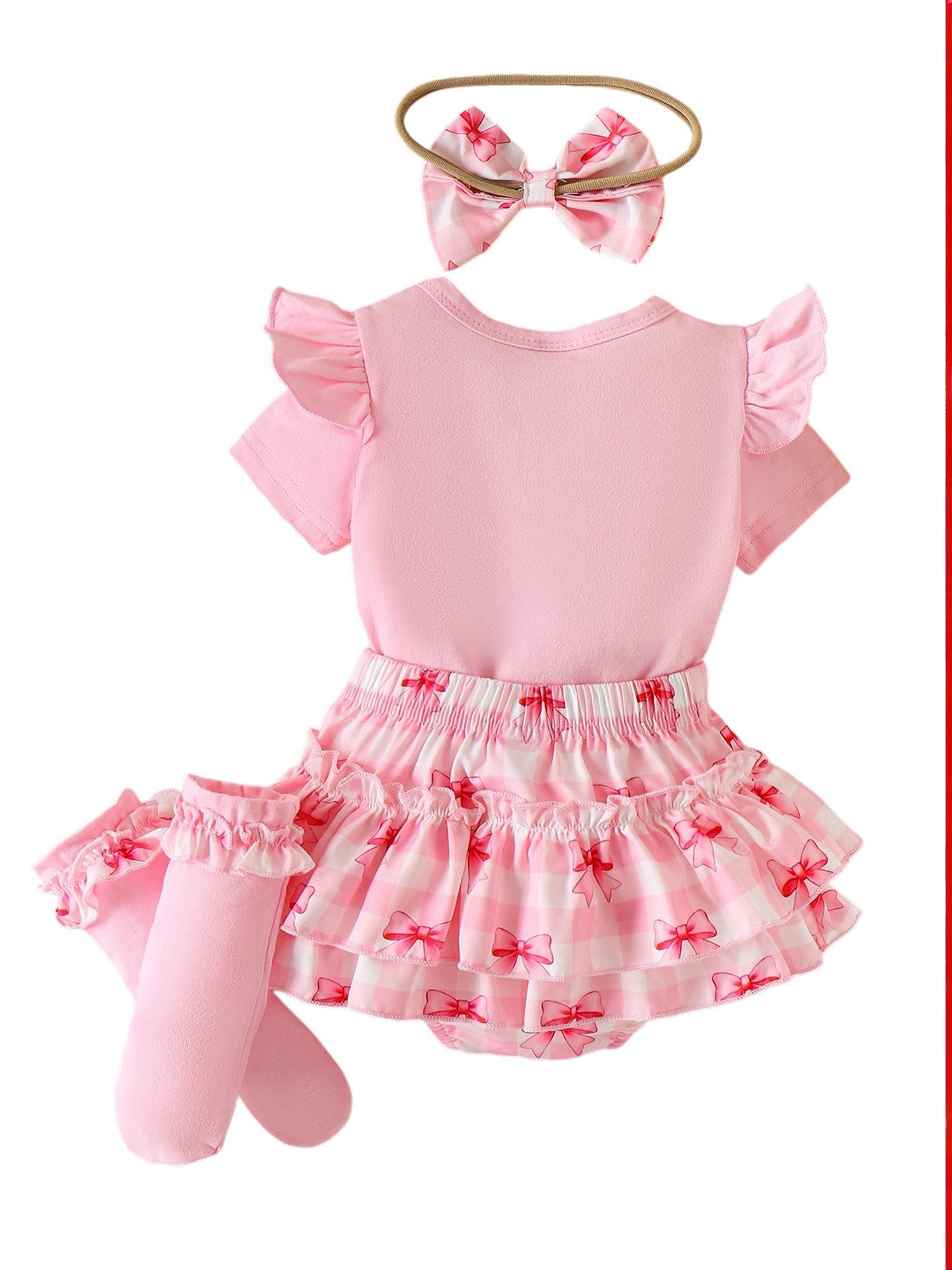 Lapastyle Shirt, Rock & Haarband Neugeborenen-Outfit, Kurzarm-Overall, Rock, Söckchen und Stirnband (Set, 4-tlg) Rosa Baby-Mädchen-Outfit mit Rüschen Karomuster, für Alltag, Partys.