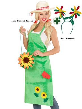 Karneval-Klamotten Kostüm Gärtnerschürze grün MIT Haarreif Blumen, Gärtnerin Damen Gartenschürze Grasoptik mit Sonnenblumen MIT Haarreif