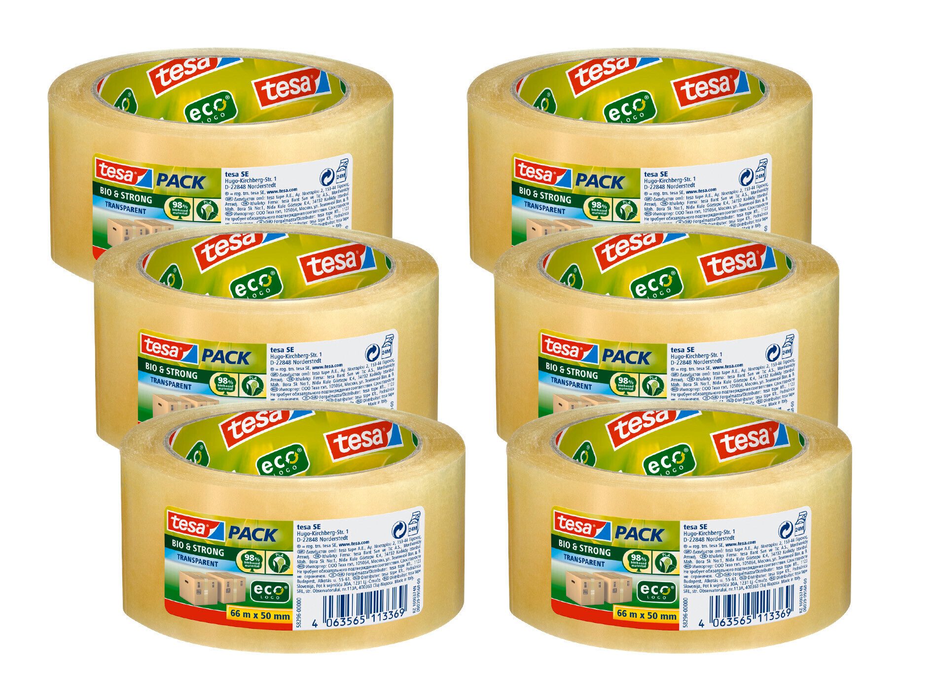 tesa Klebeband tesapack Bio & Strong Paketklebeband - 66m : 50mm (Packung, 6-St., 6 Rollen tesapack Bio & Strong, 66m x 50mm) Paketklebeband - einfaches Verpacken & Verschließen - transparent