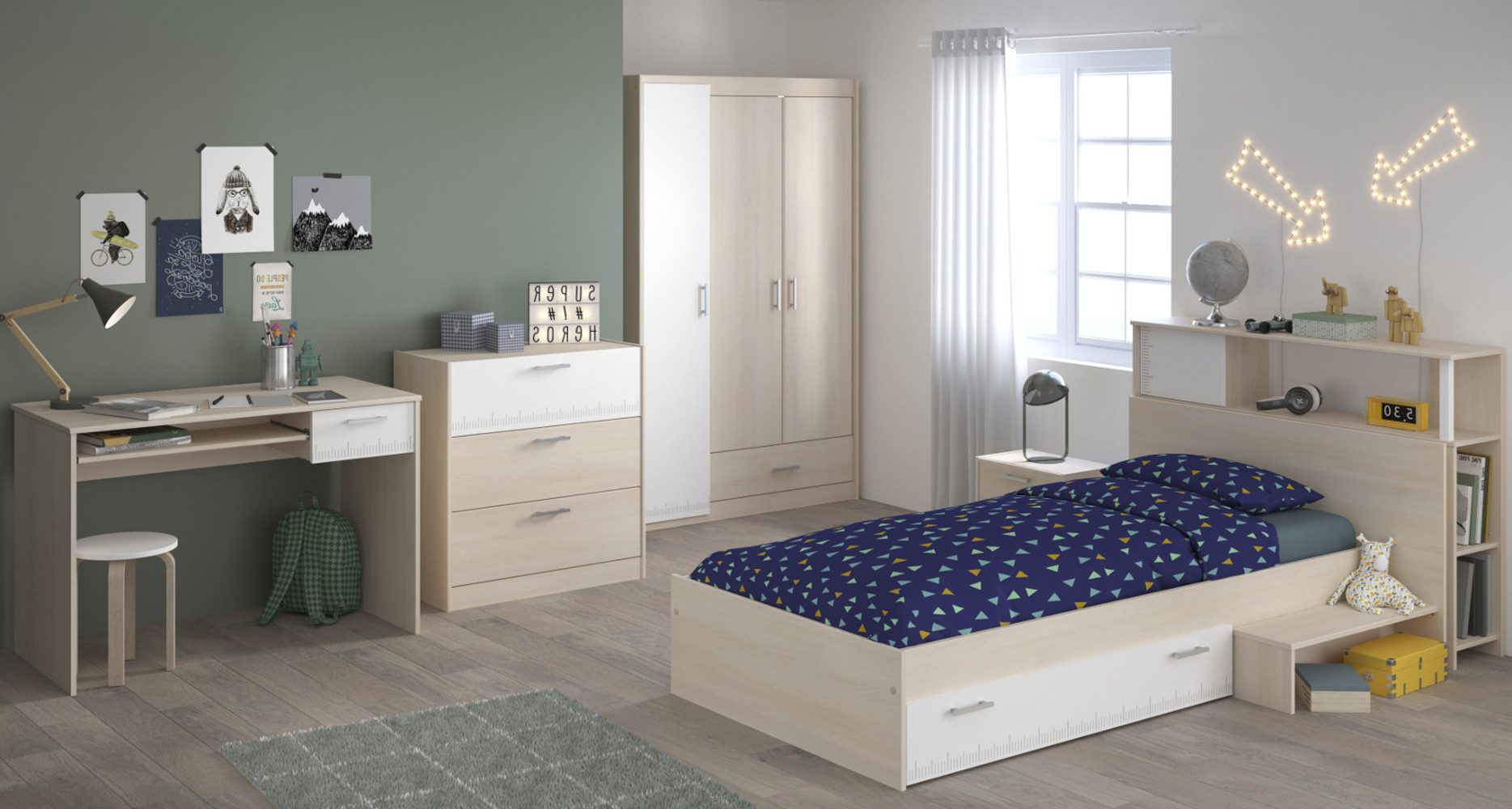 Parisot Jugendzimmer-Set Charly, (Kinderzimmer Komplett-Set, 6-tlg., mit Bett 90 x 200), 3-türiger Kleiderschrank