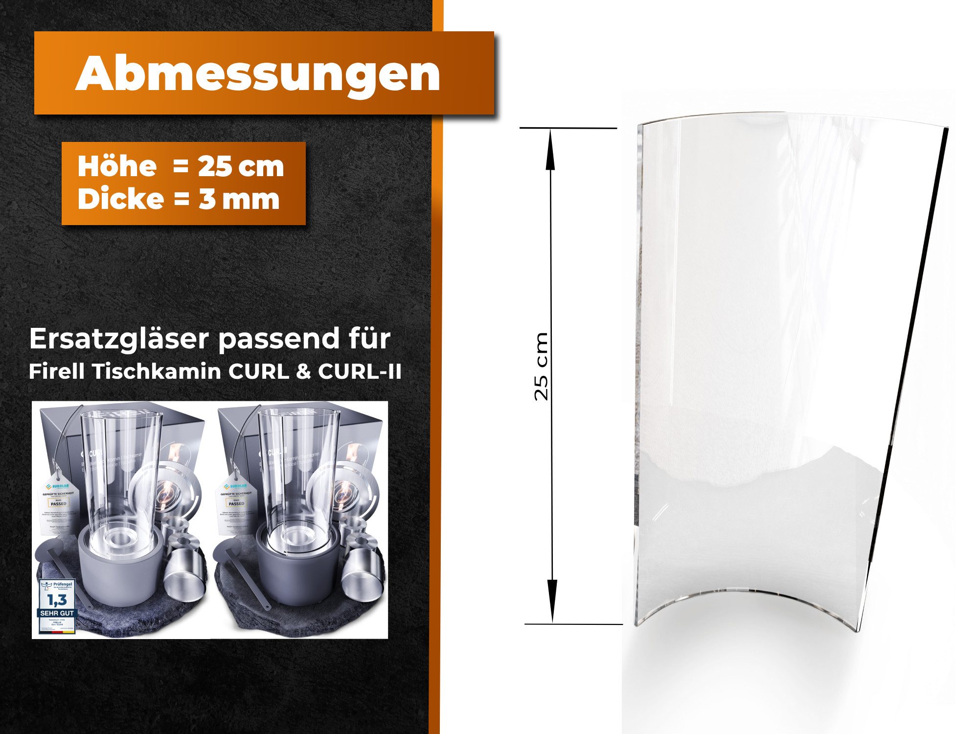 FIRELL Tischfeuer Glas (2x) für Ethanol Tischkamine (Passend für Firell Tischkamin CURL & CURL-II), Sicherheitsglas, feuerfest, gehärtet, Hitzebeständig