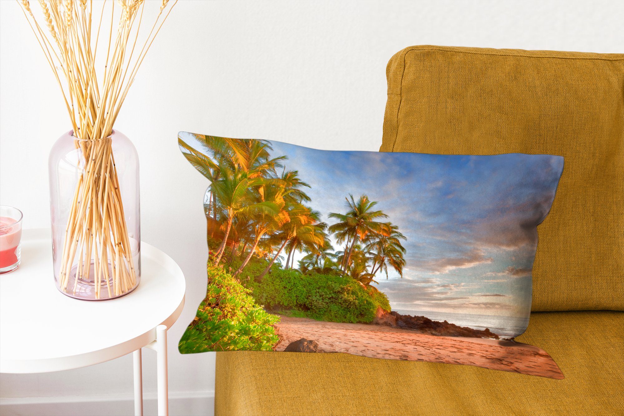 Dekokissen Wohzimmer MuchoWow Palmen mit amerikanischen hängende Zierkissen, Dekoration, Strand Schief am der Hawaii, Schlafzimmer Insel Dekokissen Füllung,