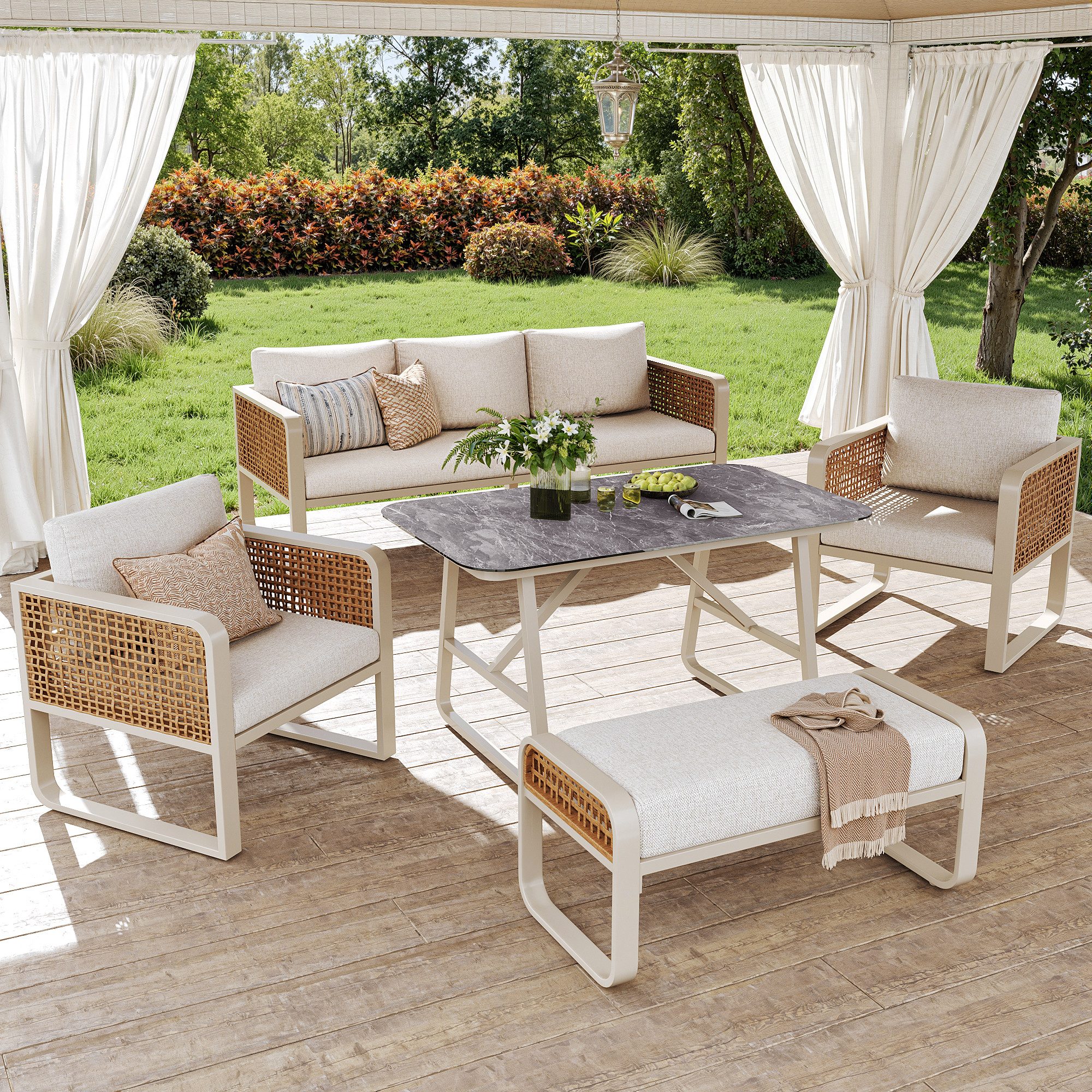 STILVORA Gartenlounge-Set für 6-7 Personen Gartenmöbel Set 1 Tisch Ecksofa mit Sitz&Rückenkissen, (Gartenlounge-Set – PE-Rattan Beigefarben, 5-tlg), mit Relaxfunktion
