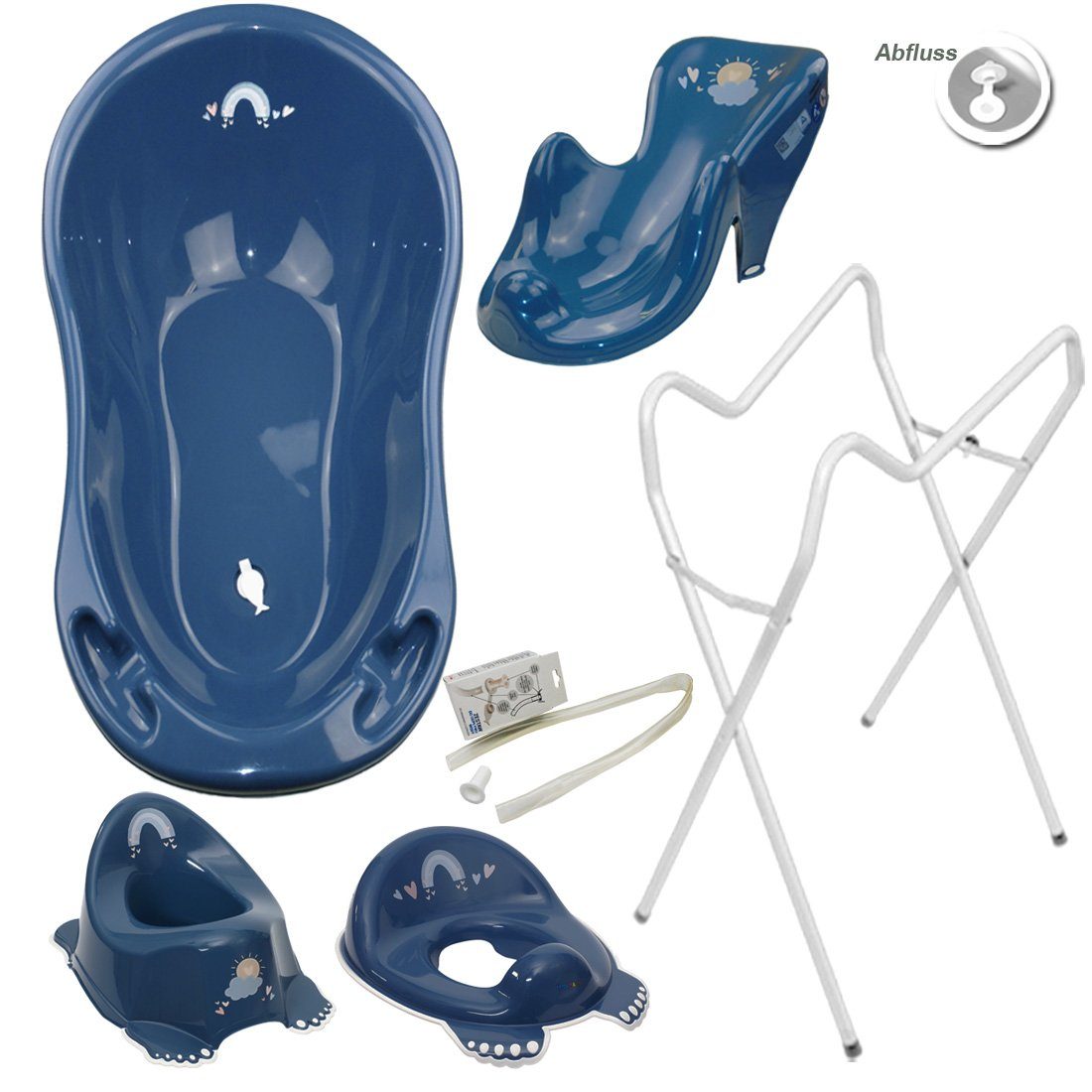 Tega-Baby Babybadewanne 5 Teile SET AB- METEO Blau + Ständer Weiß -Abflussset Babybadeset, (Made in Europe Premium.set), Wanne + Sitz + Töpfchen + WC Aufsatz + Ablauf Set+ Ständer