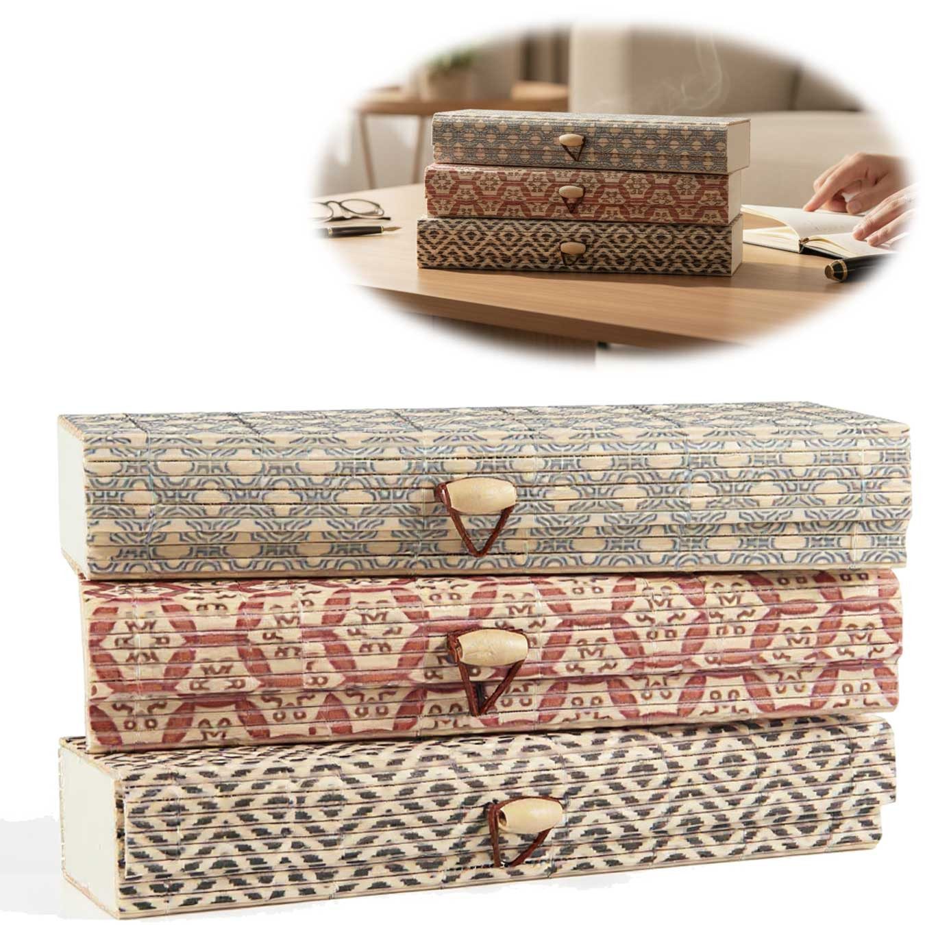 LS-LebenStil Aufbewahrungsbox Vintage Holz Schachtel 3´er Set Bambus mit Deckel Geschenkbox Box (Ikat länglich Geschenkbox schmale Schmuckschachtel, Schmuckschatulle, 3 St., Holzschatulle Schmuckkästchen, Stiftebox, Federtasche Kästchen Kiste), Rechteckig