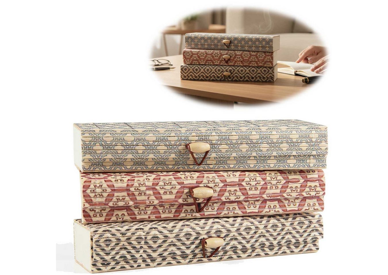 LS-LebenStil Aufbewahrungsbox Vintage Holz Schachtel 3´er Set Bambus mit Deckel Geschenkbox Box (Ikat länglich Geschenkbox schmale Schmuckschachtel, Schmuckschatulle, 3 St., Holzschatulle Schmuckkästchen, Stiftebox, Federtasche Kästchen Kiste), Rechteckig