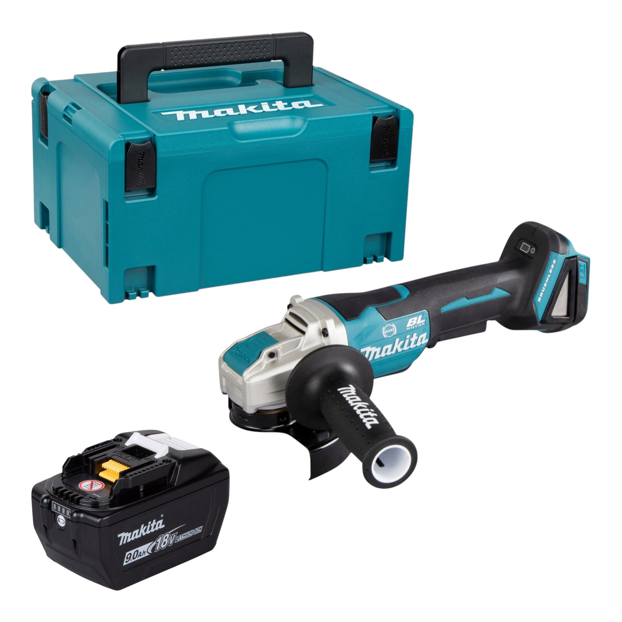 Makita Akku-Winkelschleifer DGA 520 ZX1 18 V 125 mm X-LOCK Brushless + 1x Akku 9,0 Ah + Makpac