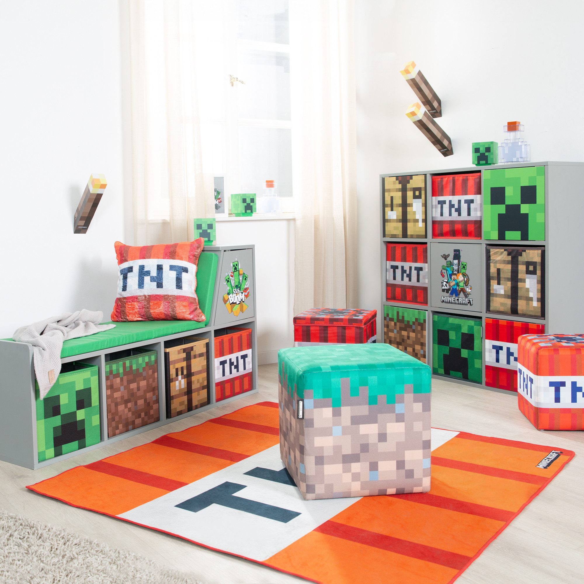 Minecraft Sitzbank mit Sitzkissen und Lehne - mit 4 Stauraumkisten, aus stabilem Holz - praktische Sitzbank zum Lesen - Grau – Bild 3 von 5