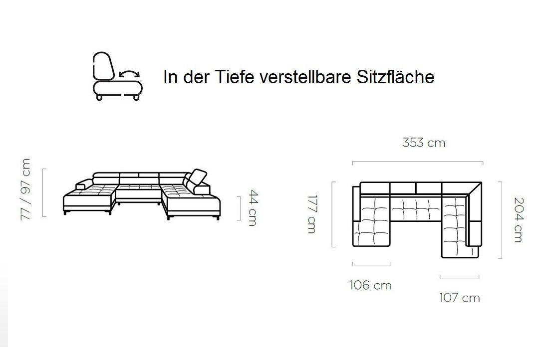 Sofa Dreams Wohnlandschaft Kopfstützen, Armlehnen grau, Hugo Sitztiefe (mittig) verstellbaren XL und