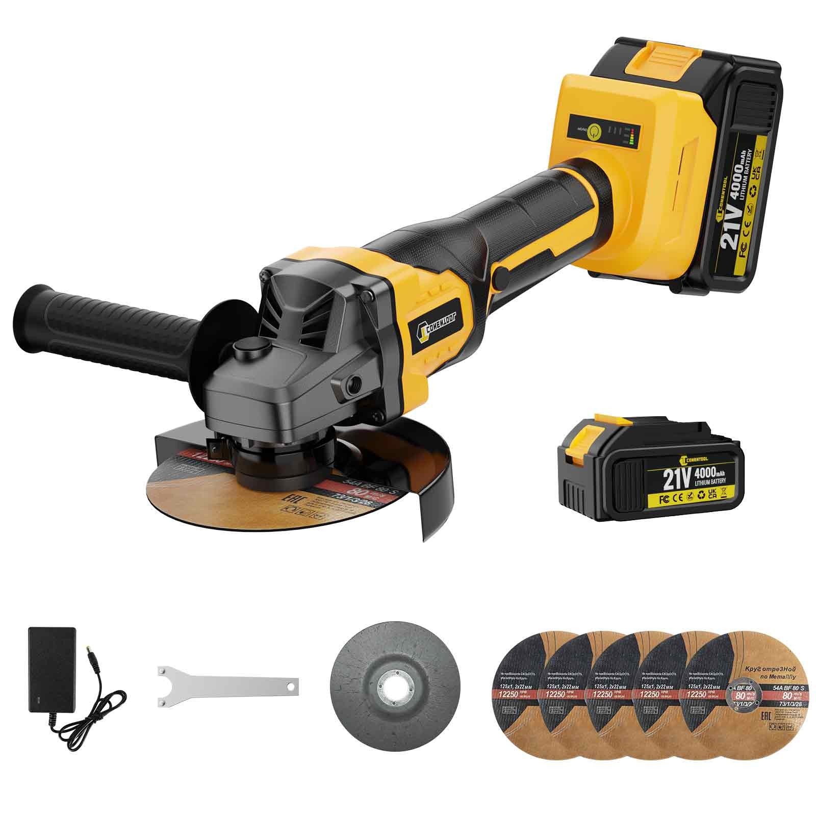 CONENTOOL Akku-Winkelschleifer 21V Winkelschleifer, max. 11000 U/min, (Scheiben-Ø 125mm), inkl. 4Ah Akku und Ladegerät