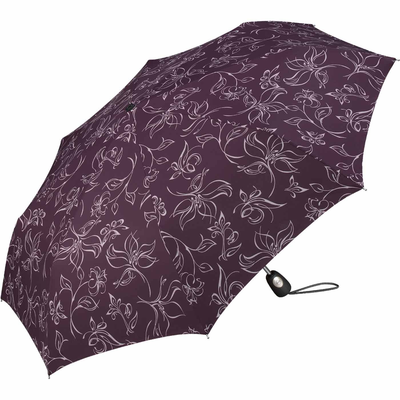 Pierre Cardin Taschenregenschirm weiß-bordeauxrot schöner mit Blumenskizzen wunderschönen Auf-Zu-Automatik, Damen-Regenschirm mit