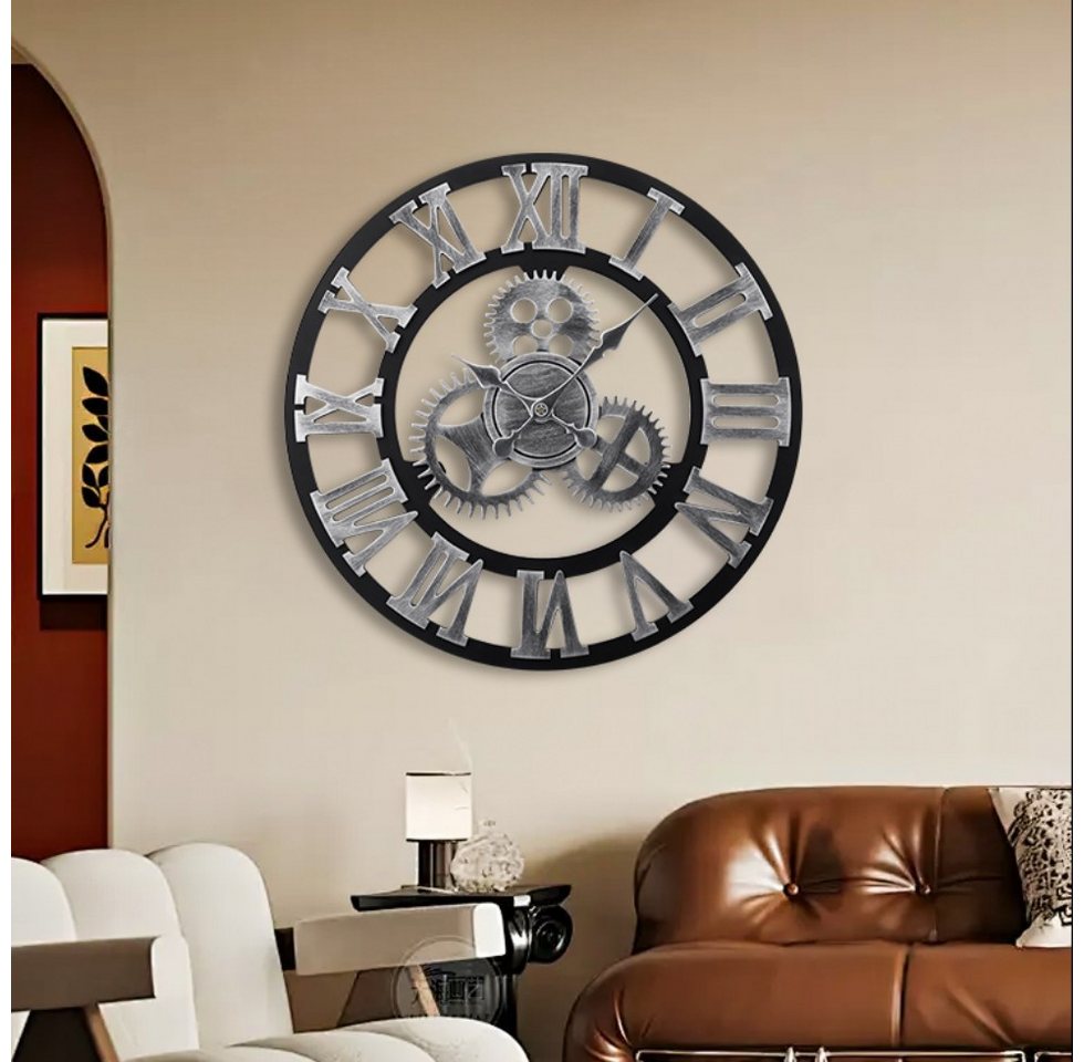 DARDVORLAG Wanduhr Dekouhr, Küchenuhr mit Metall römischen Ziffern + Holzzifferblatt (mit großem Rahmen, schwarz)