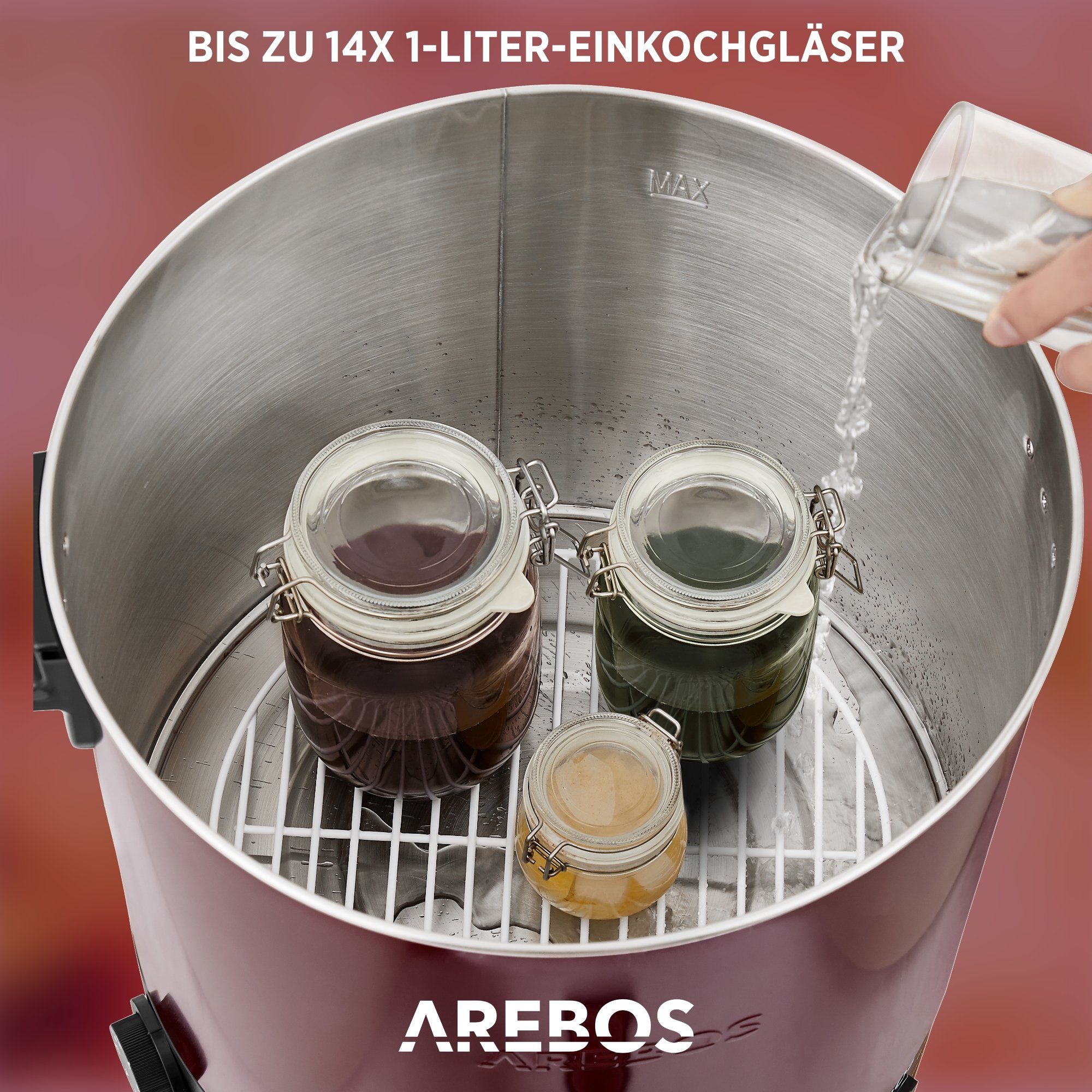 Arebos Einkoch- und Glühweinautomat L, 28 & 1800 Timerfunktion mit rot Timer,Thermostat Überhitzungsschutz, Einkochtopf W