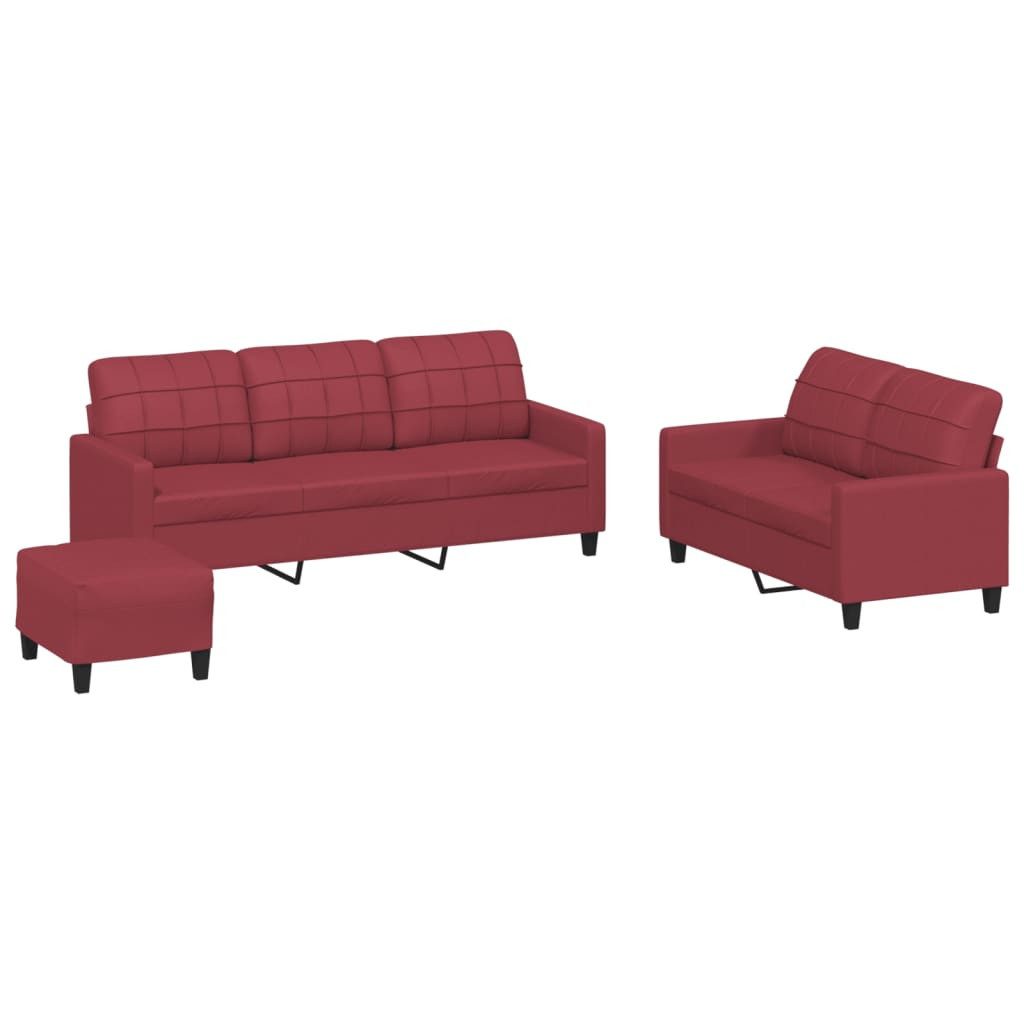 vidaXL Sofa, 3-tlg. Sofagarnitur mit Kissen Weinrot Kunstleder