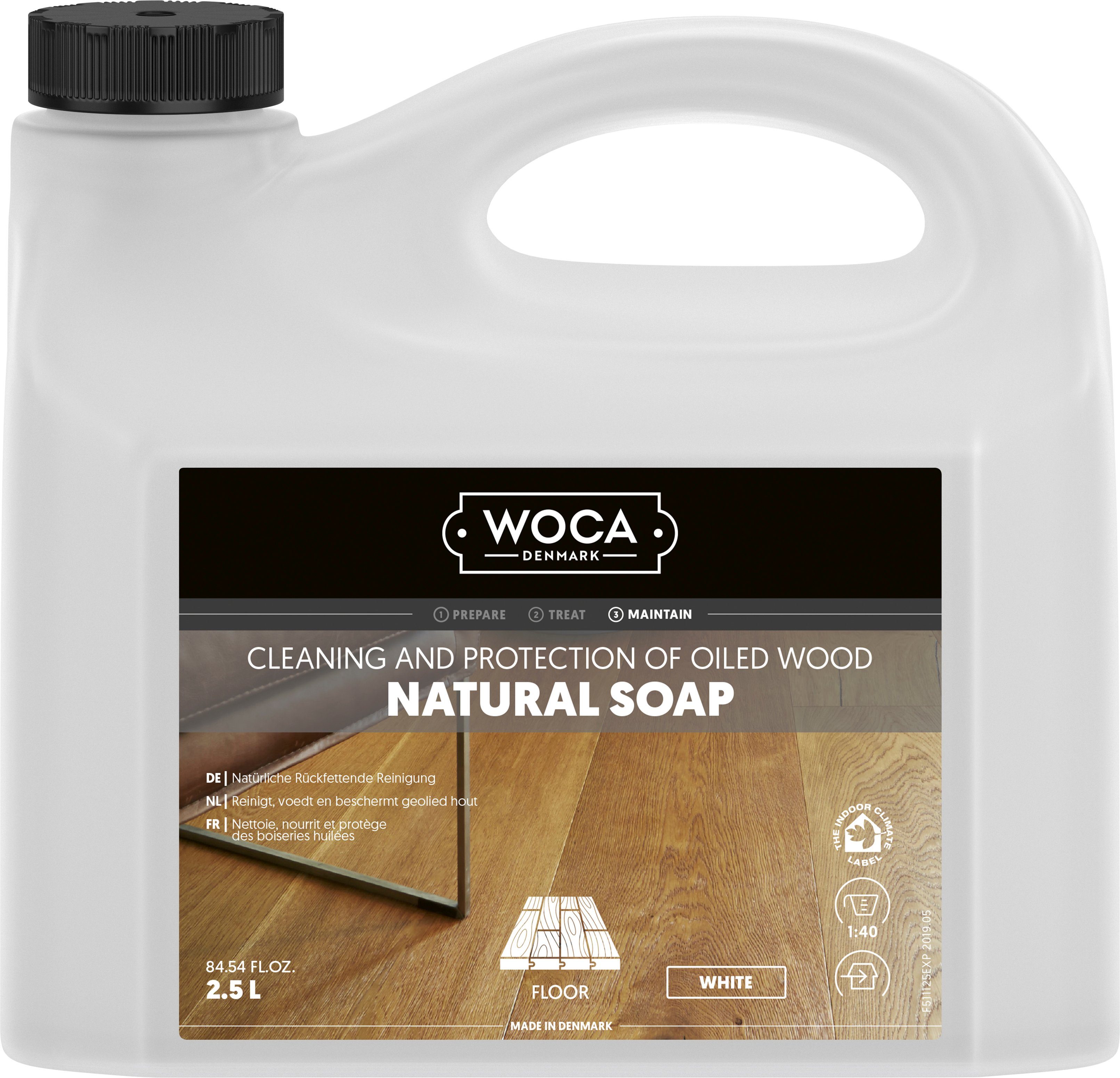 reinigt WOCA pro und Bodenpflegemittel frei 320-400m² Ltr. WOCA weiß 2,5 Zusatzstoffen Duft- Liter), (Kanister, von Holzbodenseife