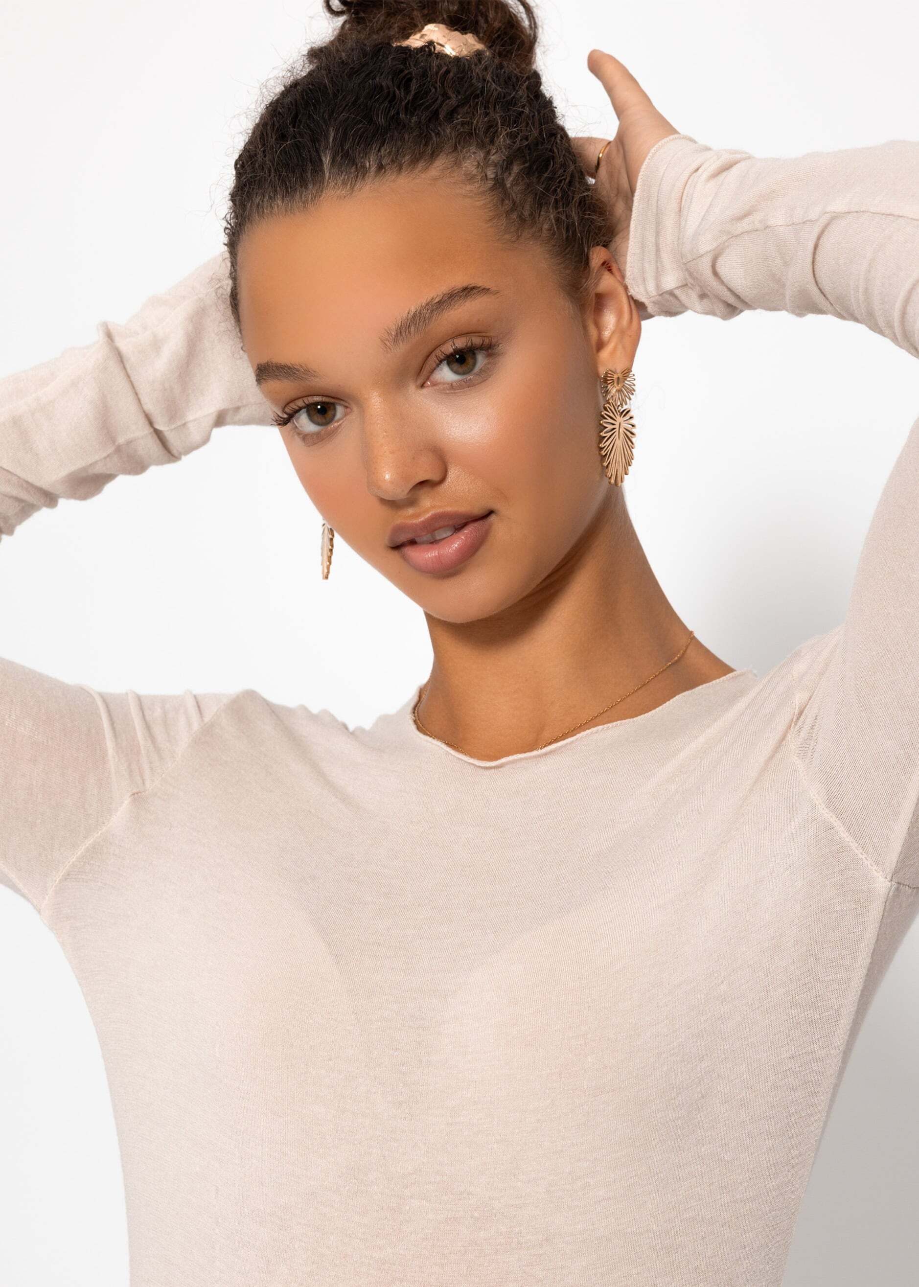 SASSYCLASSY Langarmshirt Langarmshirt mit Kaschmiranteil für Damen Gestreiftes Top in leicht transparenter Optik mit Rundhalsausschnitt