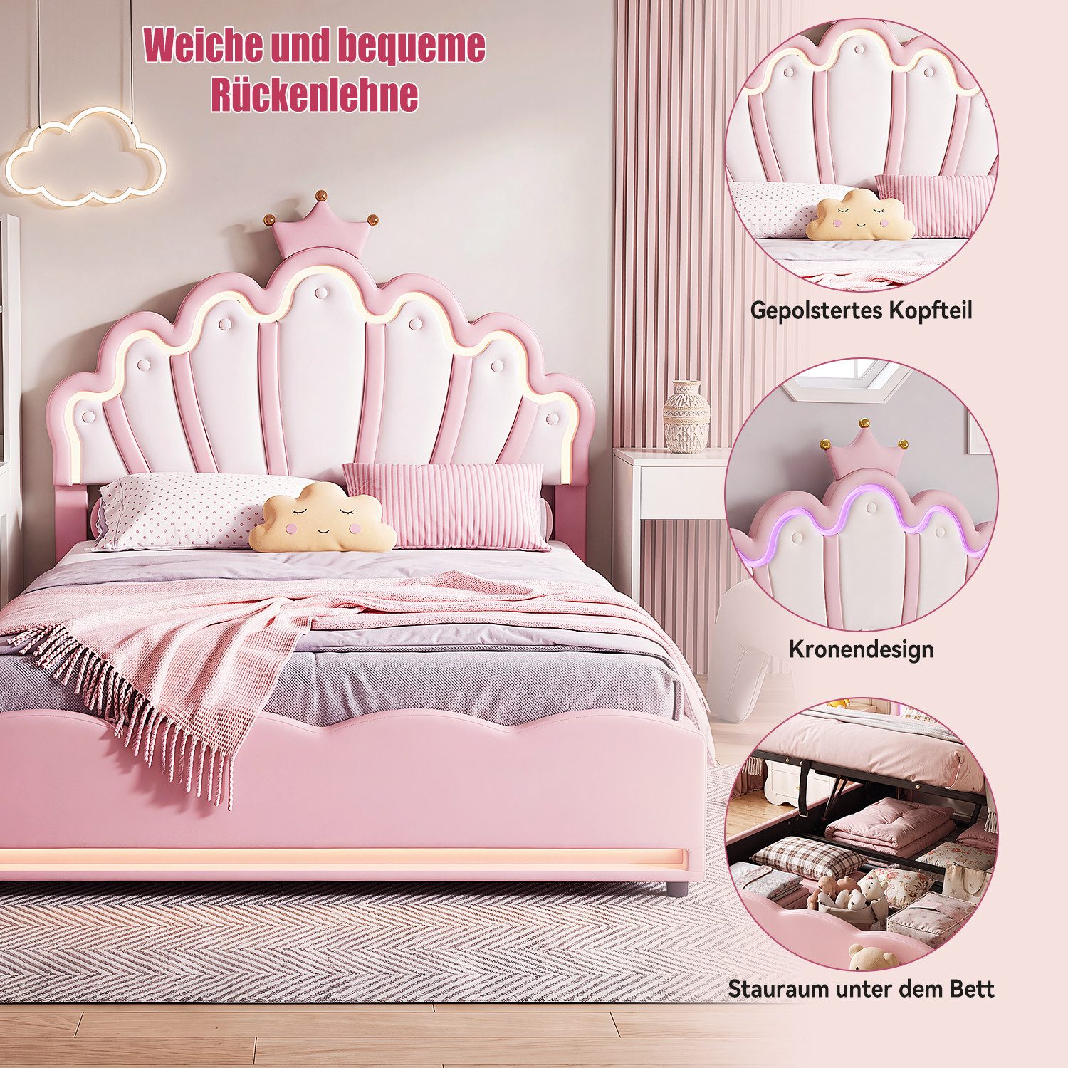 oyajia Polsterbett LED Kinderbett mit krone-Form Prinzessinnenbett (PU-Leder material Polsterbett mit Lattenrost und verstellbares gepolstertes Kopfteil), Moder – Bild 2 von 5