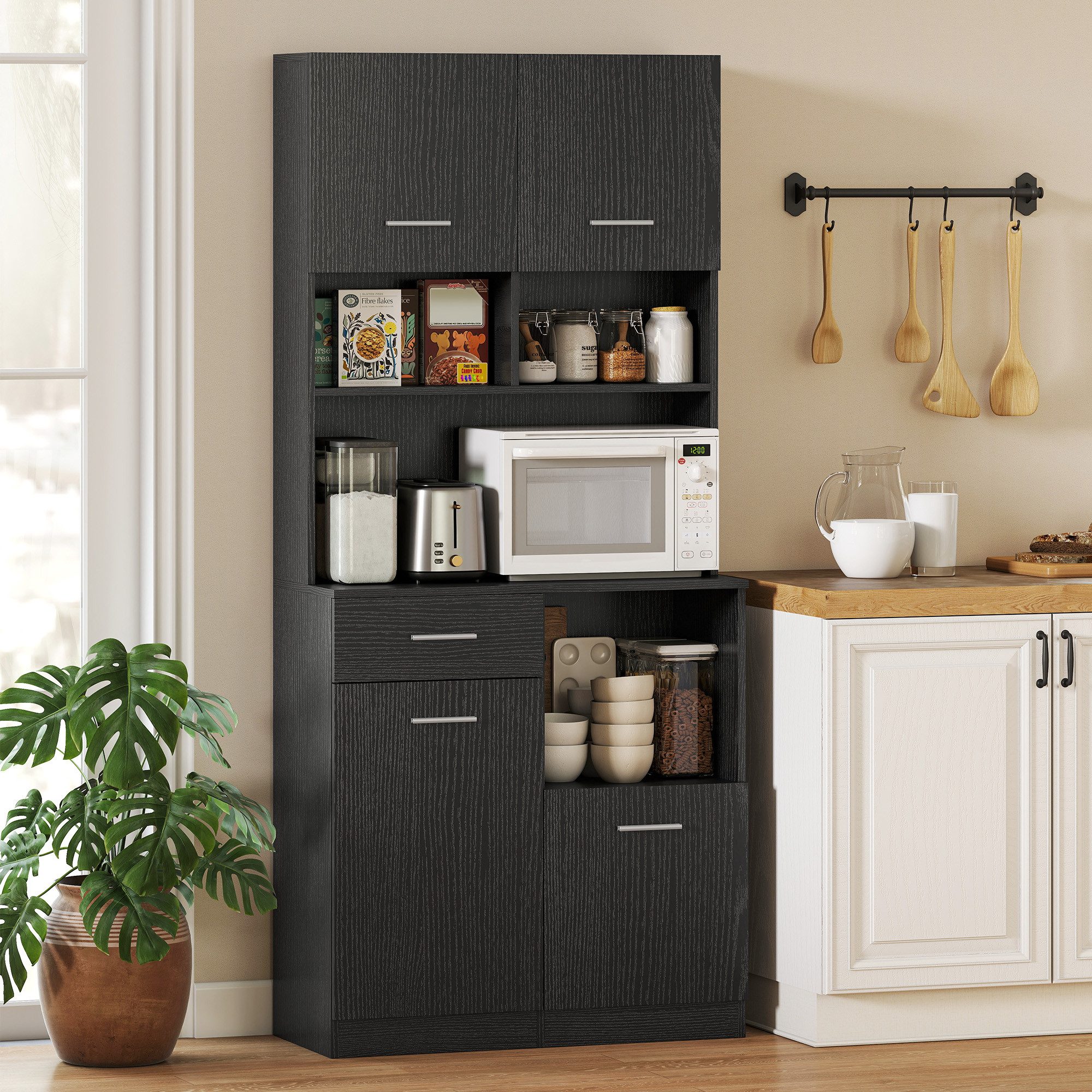 HOMCOM Küchenbuffet mit verstellbaren Regale, Schublade (Vitrinenschrank, 1-St., Hochschrank) für Küche, Esszimmer, Schwarz