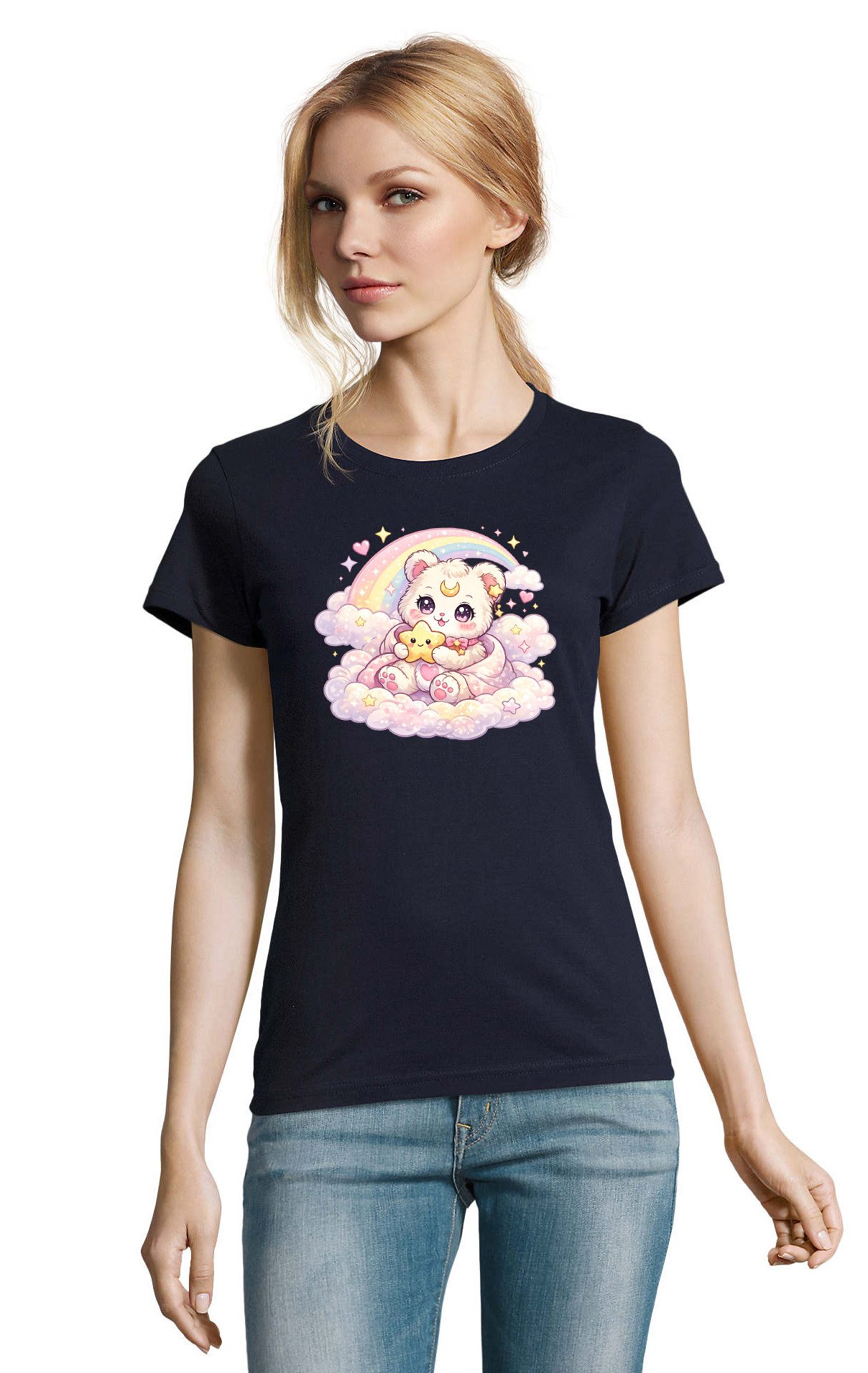 T-Shirt Damenshirt süßer Bär Mond Regenbogen Manga Anime Motiv Baumwolle Print