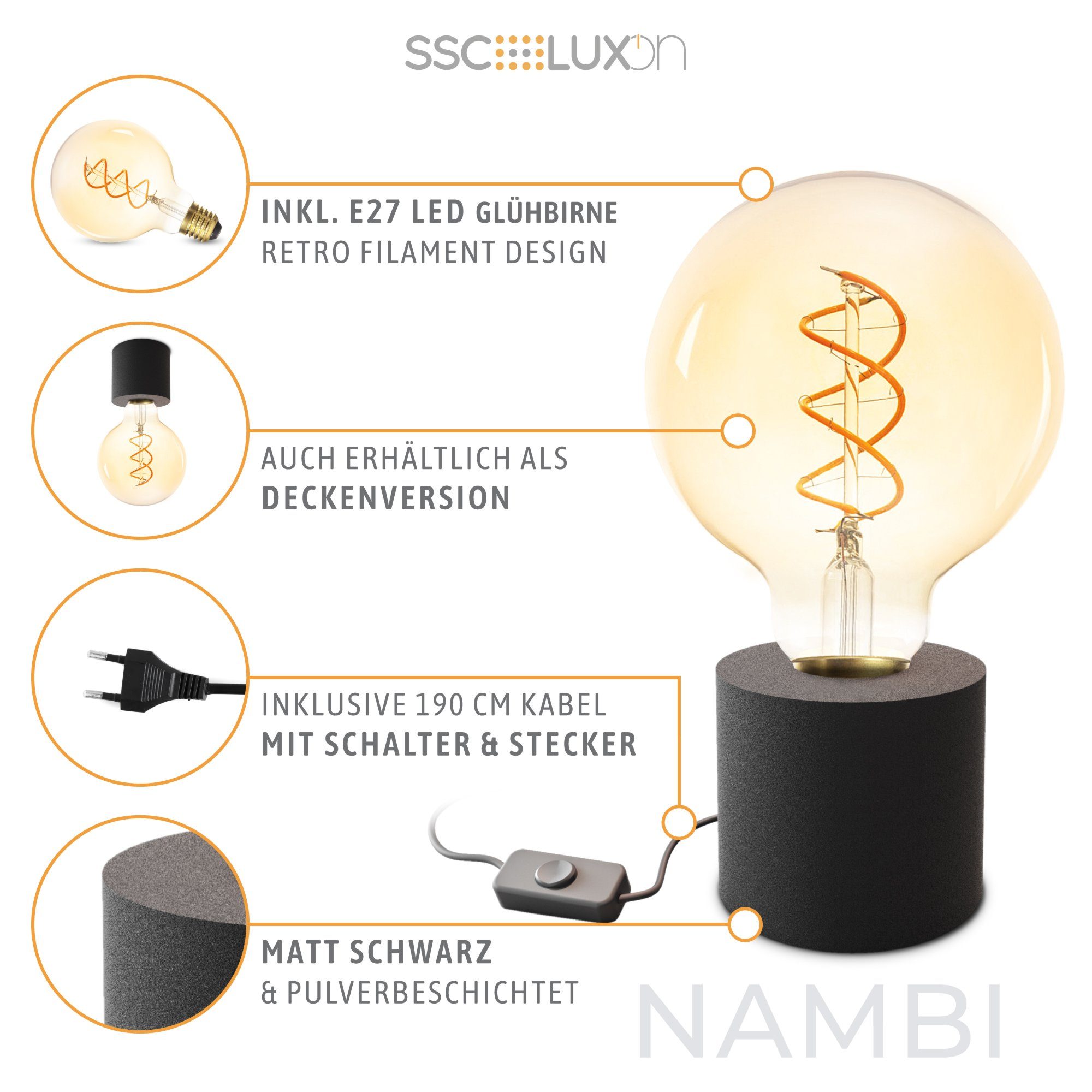 Wand- Stecker LED LED NAMBI Kabel & Warmweiß Tischlampe mit SSC-LUXon schwarz mit Bilderleuchte E27, &