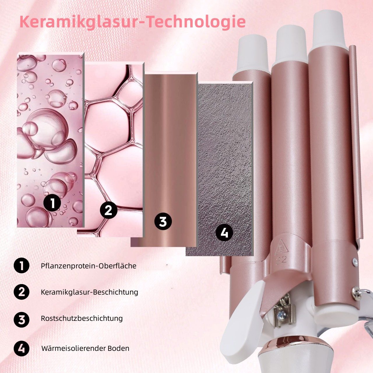 Scttomon Lockenstab HT-128 3-Lauf-Lockenstab, Keramik-Beschichtung, Lockenstab mit 25mm, 80°C-230°C