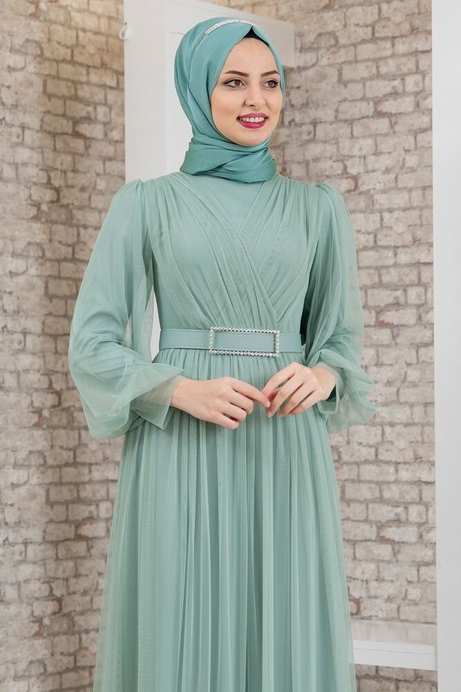 Maxikleid Abendkleid Modavitrini Gürtel Kleid mit Abaya Abiye Mint Damen langärmliges Tüllkleid Hijab