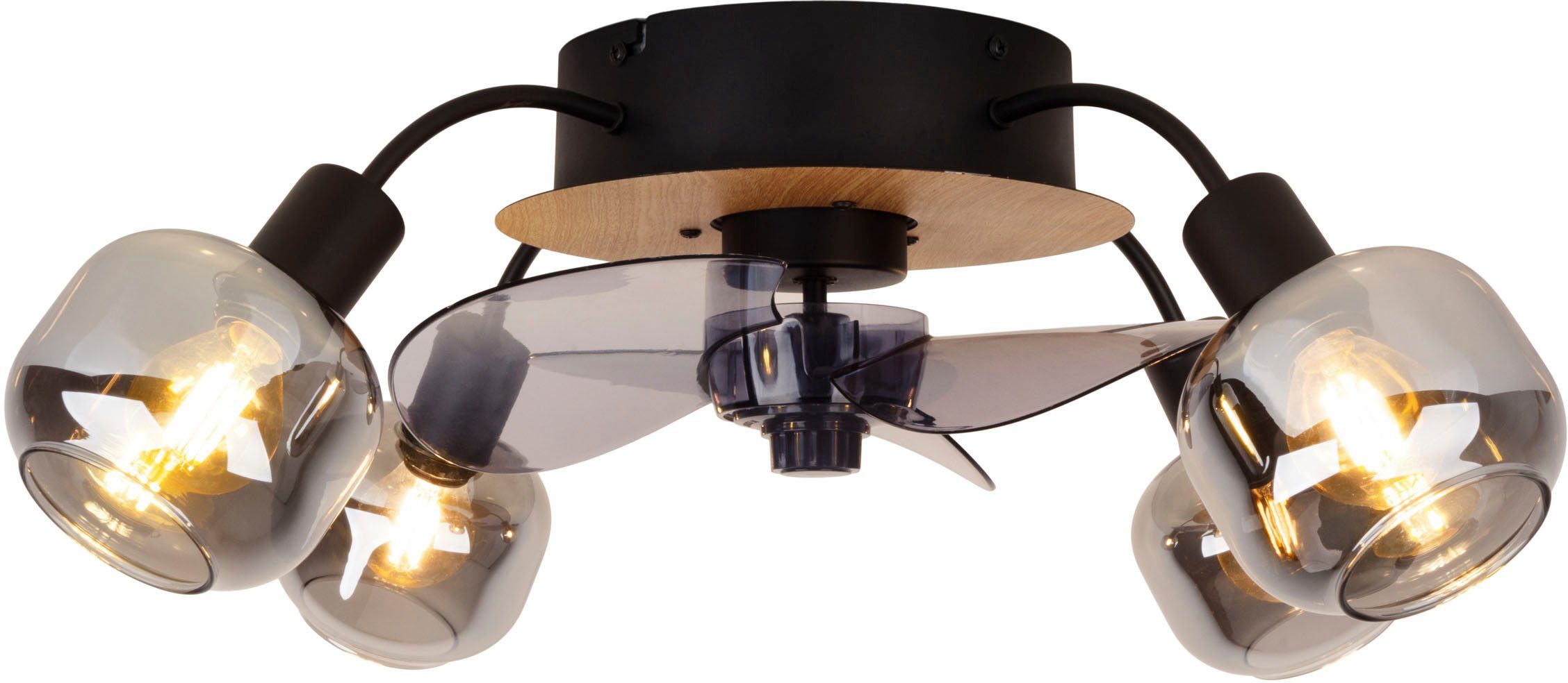 näve Deckenleuchte Fumoso Deckenventilator, Ventilatorfunktion, ohne Leuchtmittel, Deckenlampe, Ventilator, Fernbedienung, 4flg., E14 exkl., Glasschirme