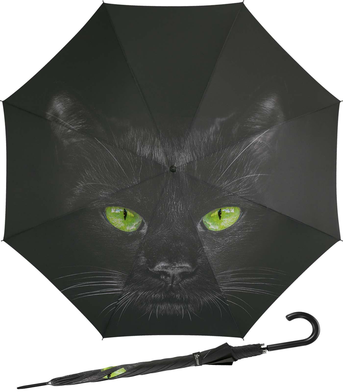 HAPPY RAIN Langregenschirm großer Damen-Regenschirm mit Auf-Automatik, der unergründliche Blick einer schwarzen Katze