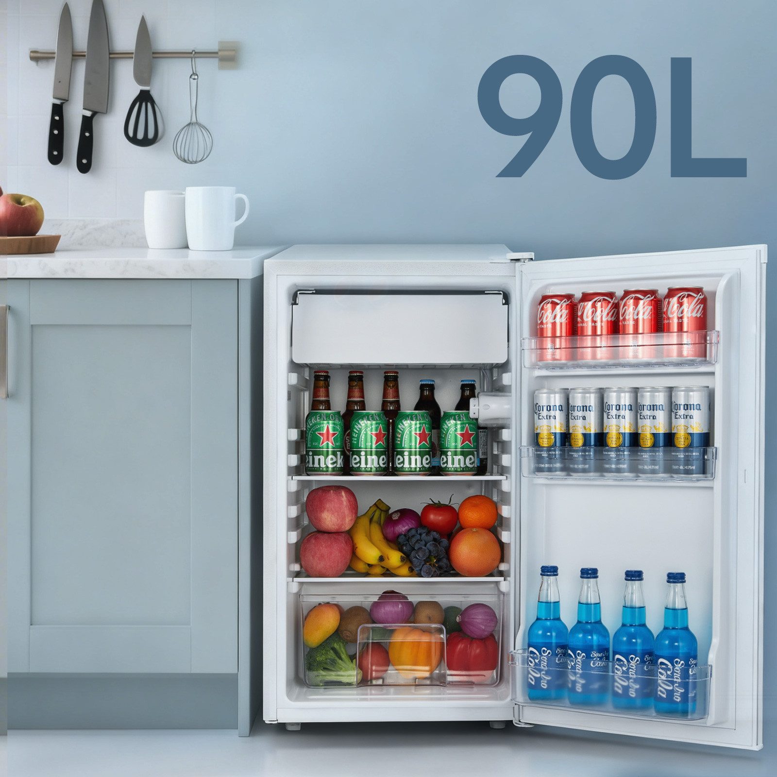 FOHERE Kühlschrank 90L, Kühl- und Gefrierfunktion, Gemüseschublade, 7 Einstellstufen BC-90, 43.5 cm hoch, 79 cm breit