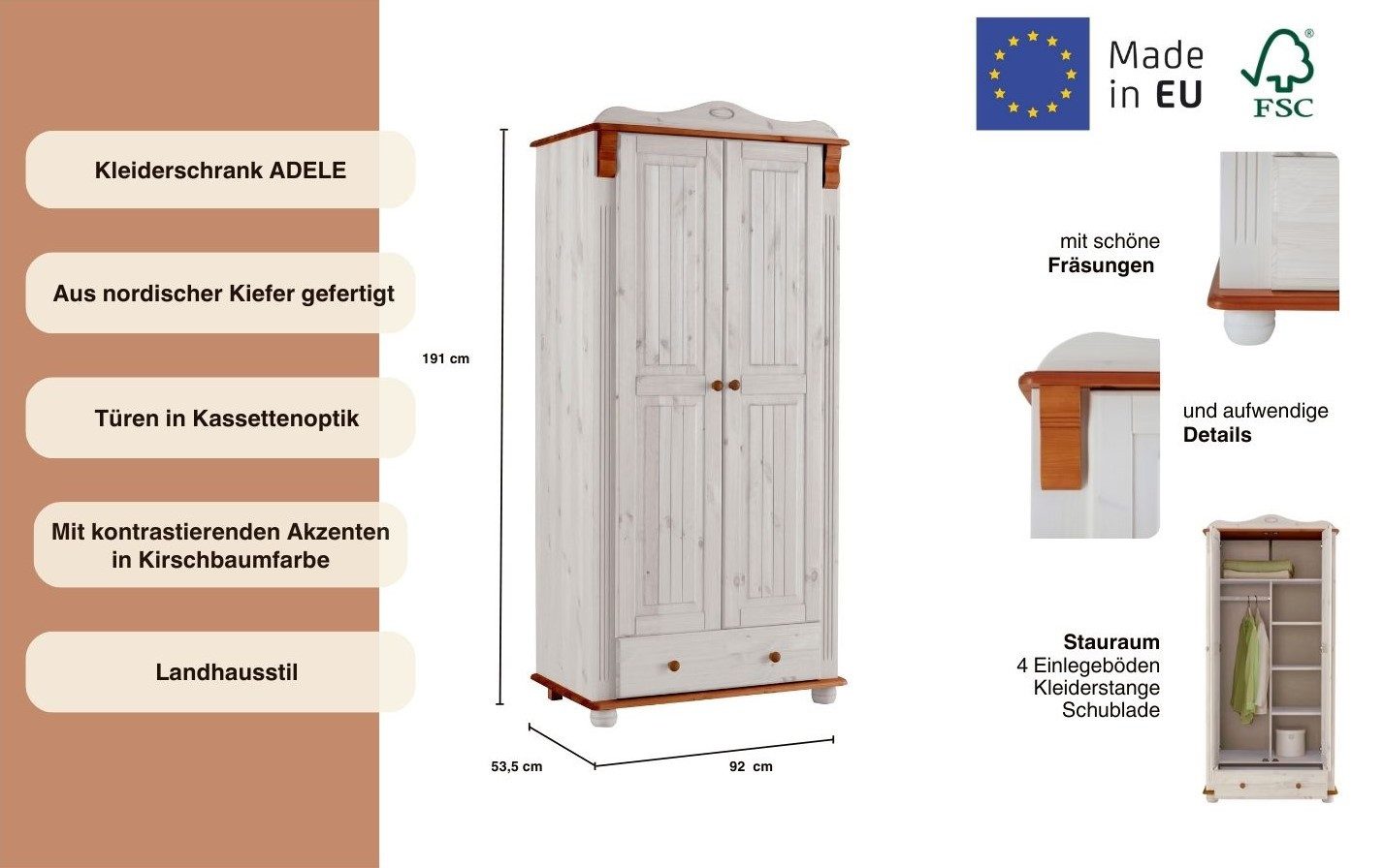 OTTO home Kleiderschrank Adele (Breite x Höhe x Tiefe ca: 92 cm x 191 cm x 53,5 cm) aus massiver Kiefer, Landhausstil