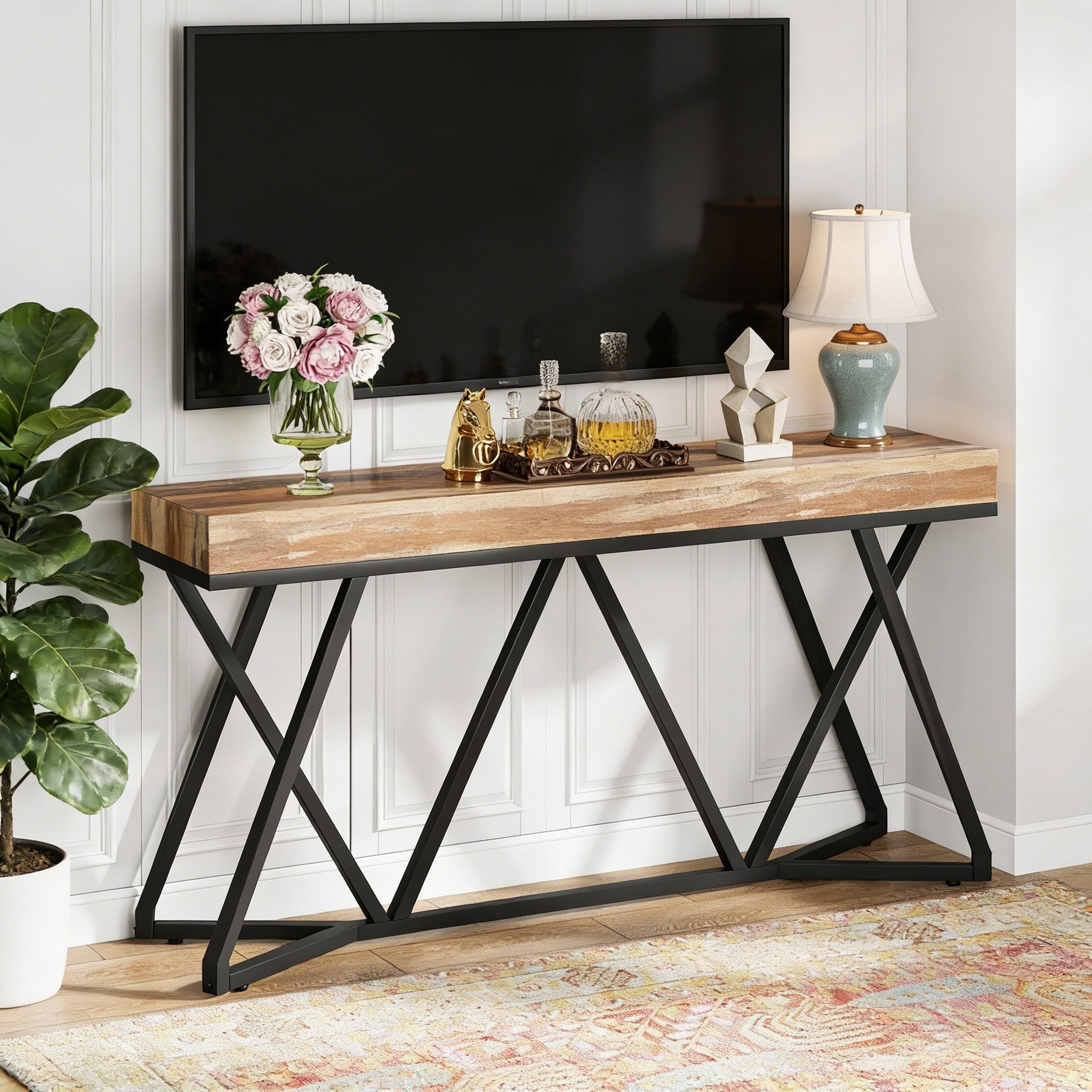 Celya Konsolentisch 140cm Konsolentisch, Holz-Eingangstisch mit einzigartigem Metallsockel