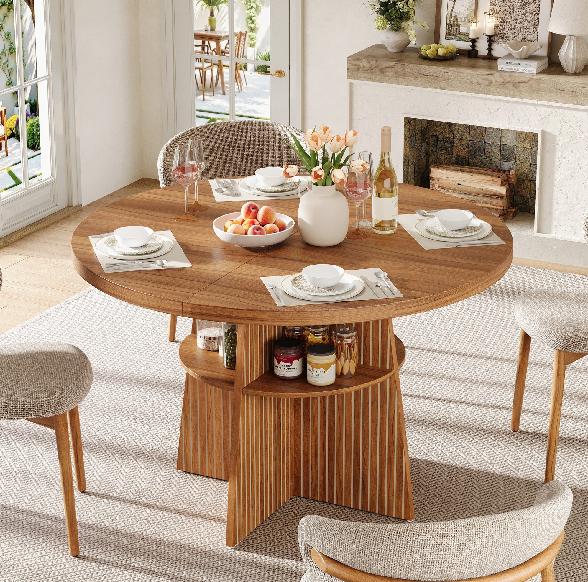OKWISH Esstisch Ausziehbarer Tisch 110–150 cm mit Ablage & Kreuzgestell (Packung, 1-St., Walnuss, 110–150×110×77,5 cm, für Esszimmer & Küche), MDF, Walnussoptik, stabil, 2–8 Personen