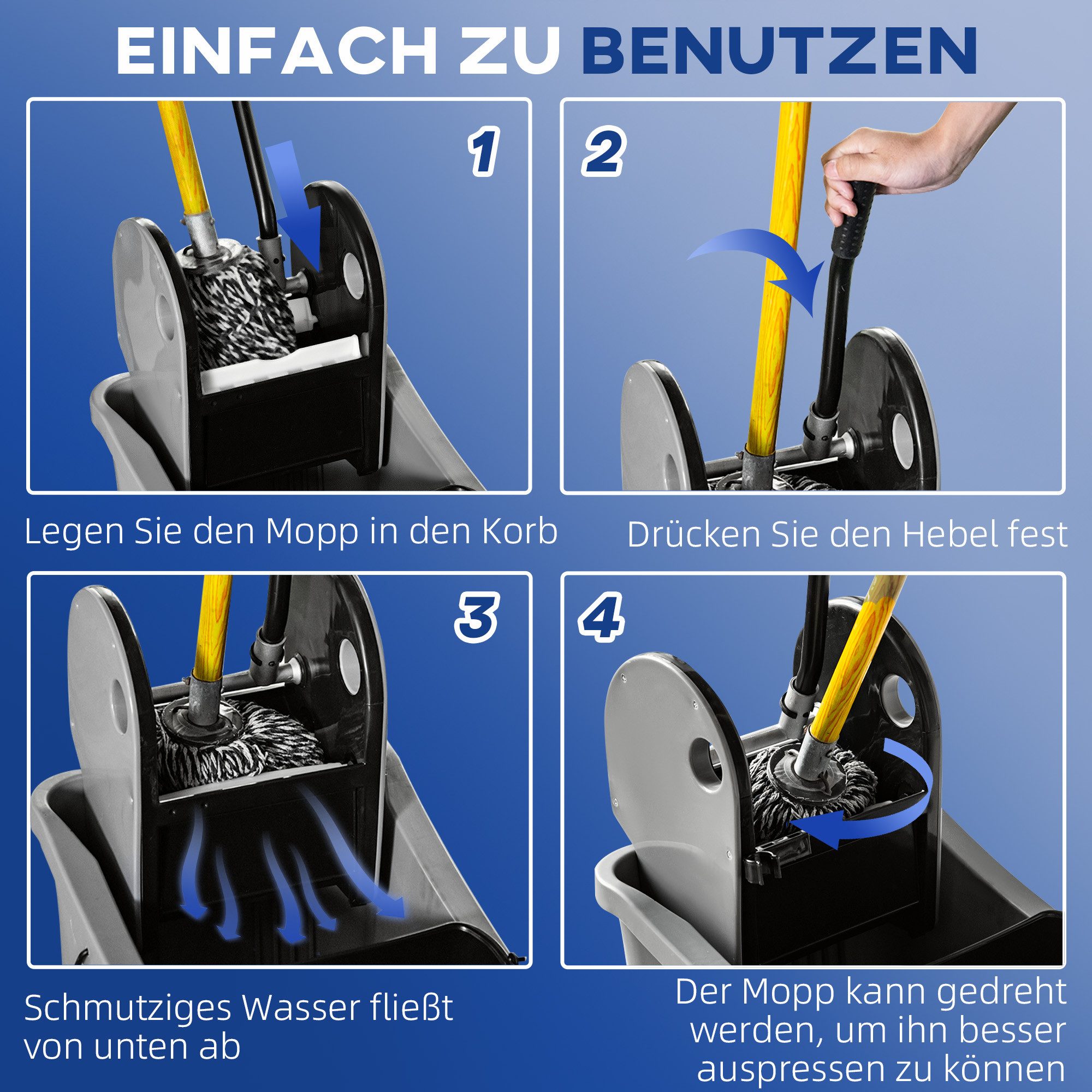 HOMCOM Putzeimer mit Wringer Reinigungswagen, 4 bewegliche Räder, 2 separate Eimer, (Mop-Eimer, 1-tlg., Reinigungswagen), für Wohnzimmer, Grau