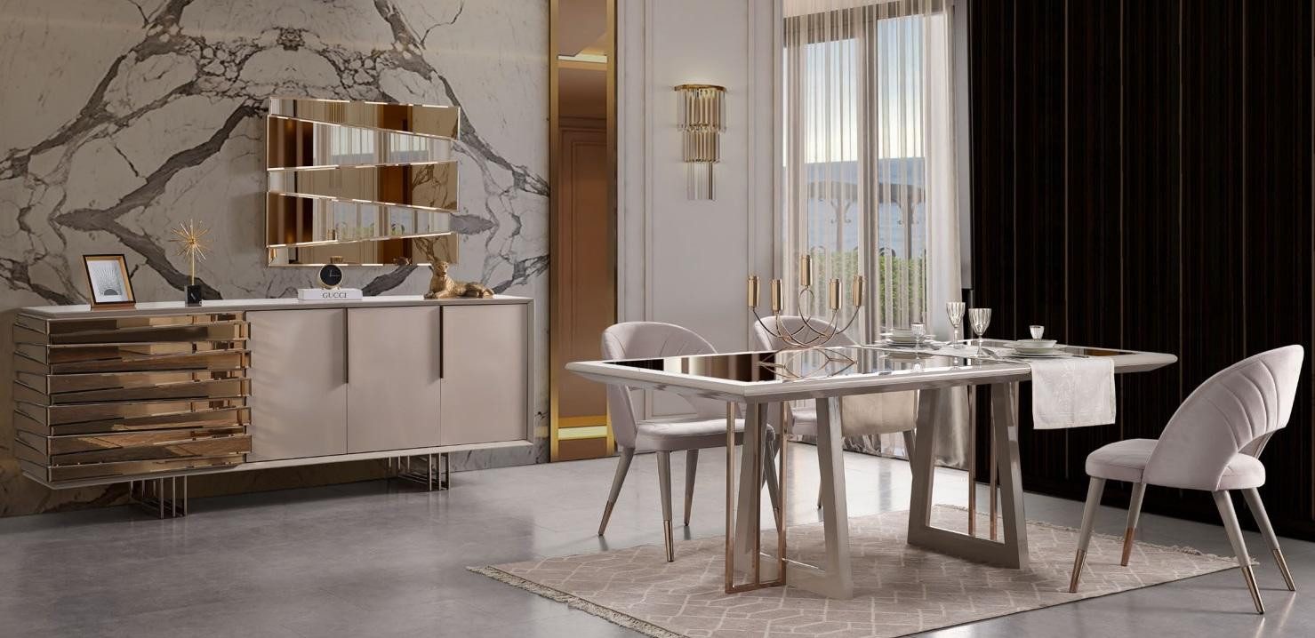 Esszimmer-Set Essgruppe in Beige mit Holz-Esstisch und eleganten Stühlen