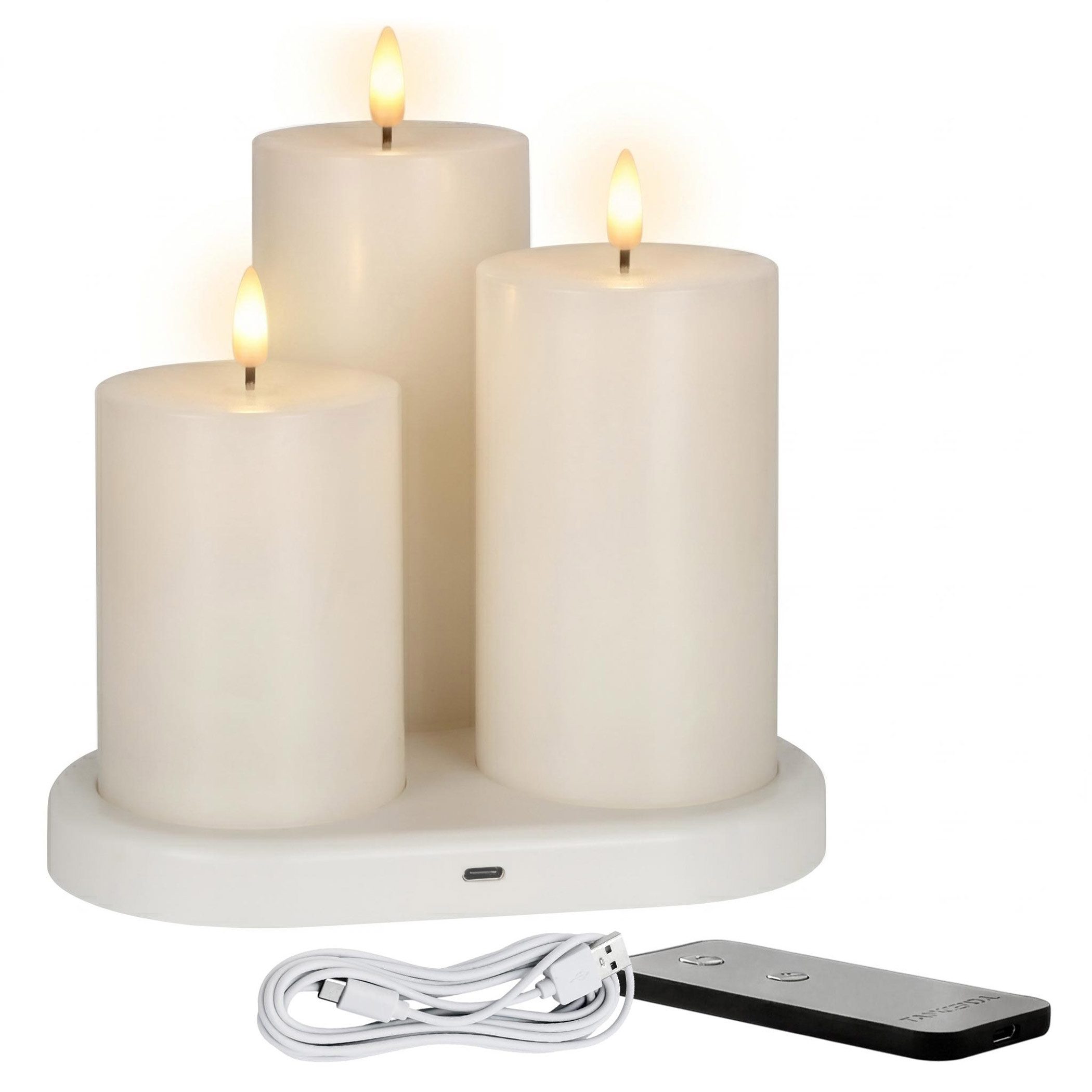 Spetebo LED-Kerze 3er Set Echtwachs Kerze wiederaufladbar mit Ladestation (Anzahl, 1-tlg.,15 / 12 / 10 cm), Künstliche Stumpenkerze mit Flammen Effekt Akku betrieben