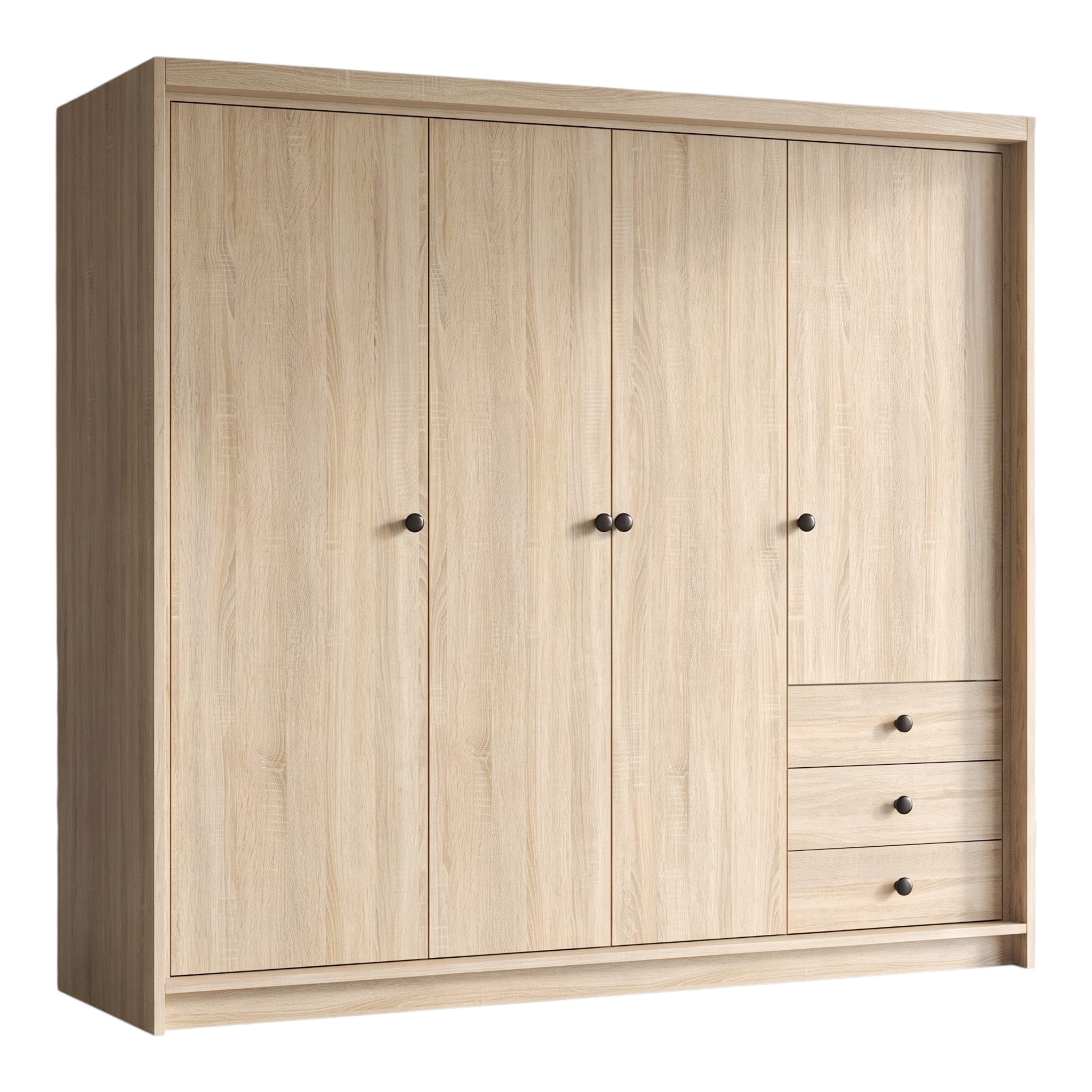 A&J MöbelLand GmbH Drehtürenschrank FALKEN– viertüriger Kleiderschrank 200 cm (Geräumiger viertüriger Kleiderschrank mit Schubladen. Geräumiger Schrank mit einer Breite von 200 cm und Schubladen, ideal zur Aufbewahrung von Kleidung und Accessoires. Viel S