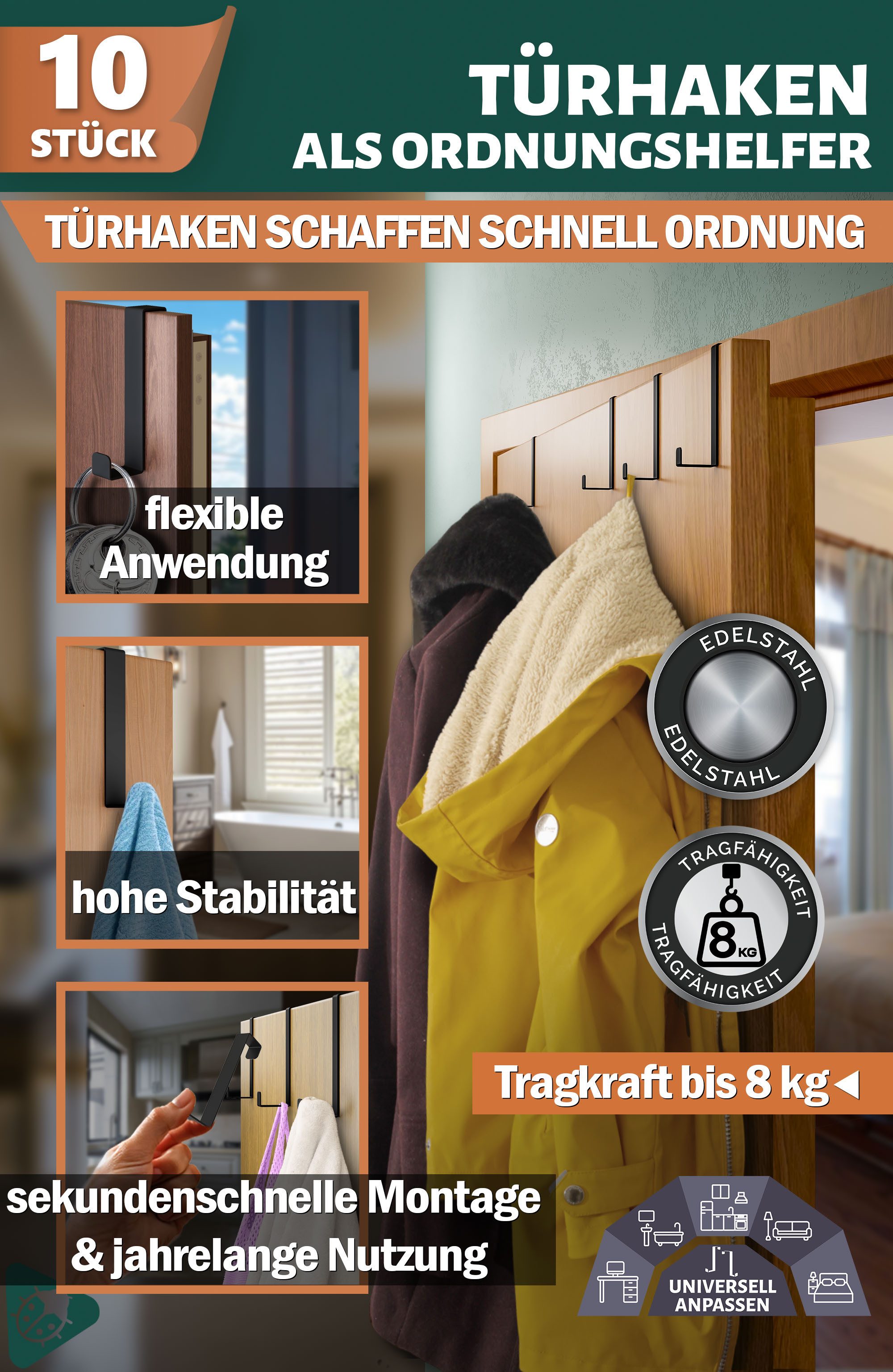 Lindenstein Türhaken Türhaken zum Einhängen 10er Set, Türen, (Packung, 10-St., 10), ohne Bohren,Stabil,langlebig,rostbeständig,verformungsresistent – Bild 2 von 5