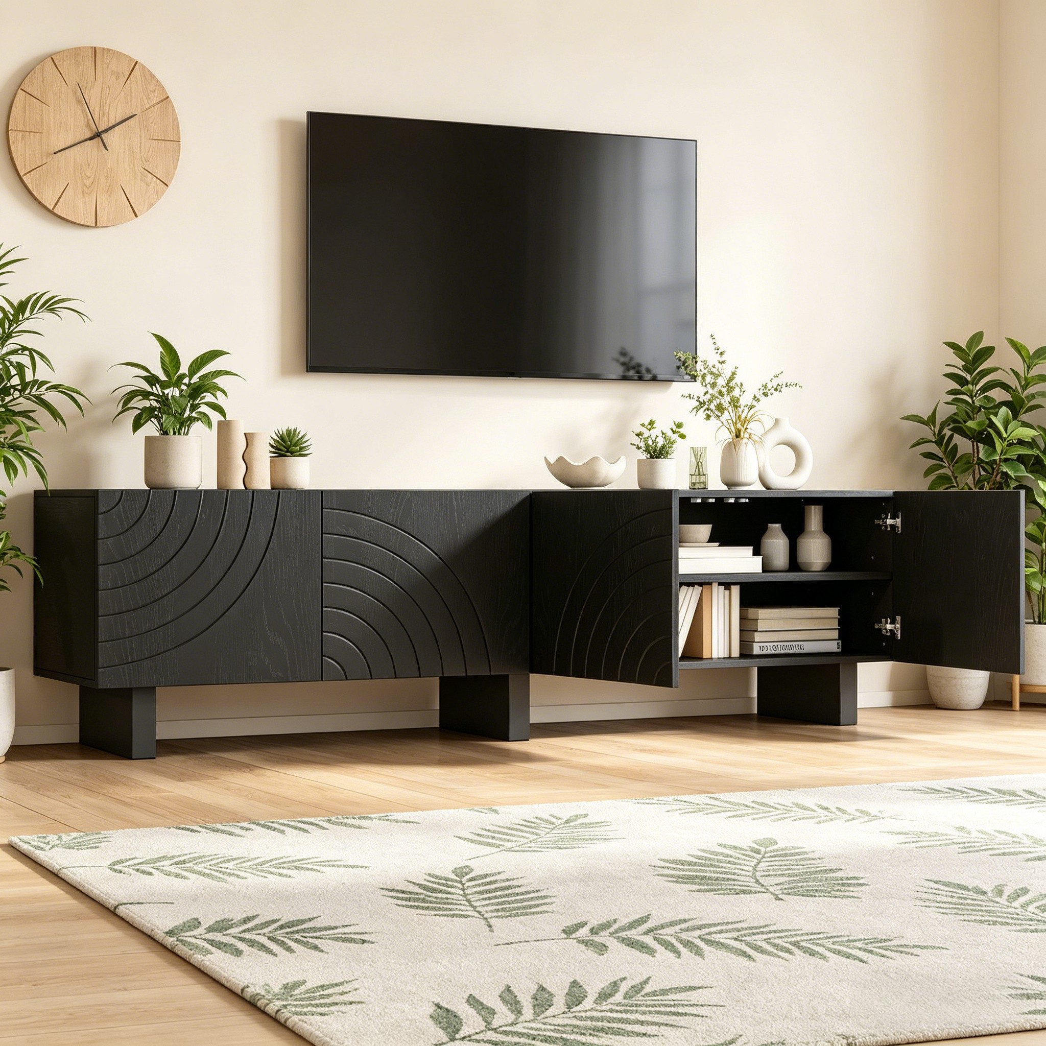 Merax Lowboard mit strukturierter Front (1 St), Fernsehschrank TV-Schrank mit 4 Türen und Stauraum, 180 x 40 x 55 cm