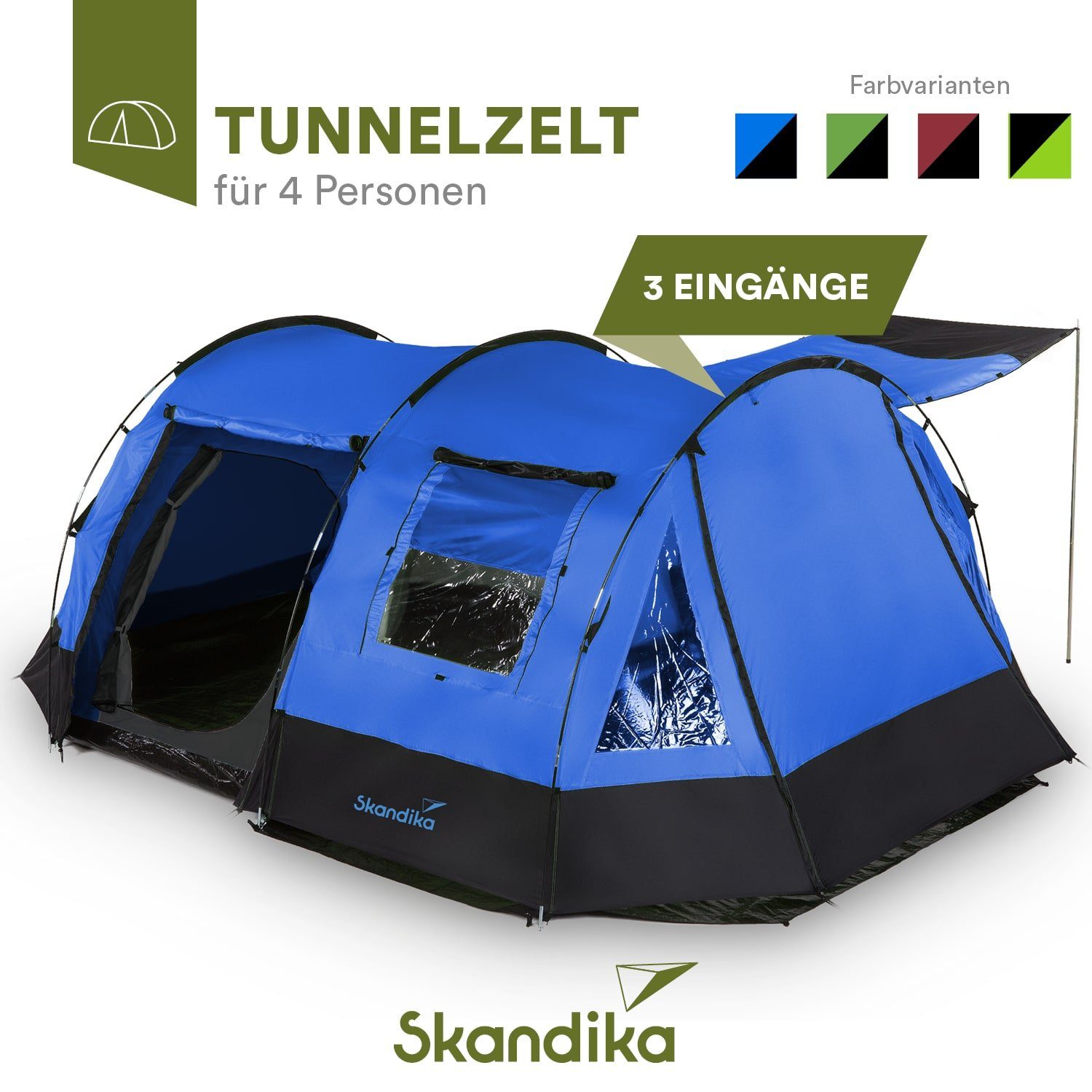 Skandika Tunnelzelt Kambo 4 Personen, 3 Eingänge, 2 m Stehhöhe, Zelt mit  Schlafkabine für 4 Mann, Wasserdicht mit 3000 Wassersäule