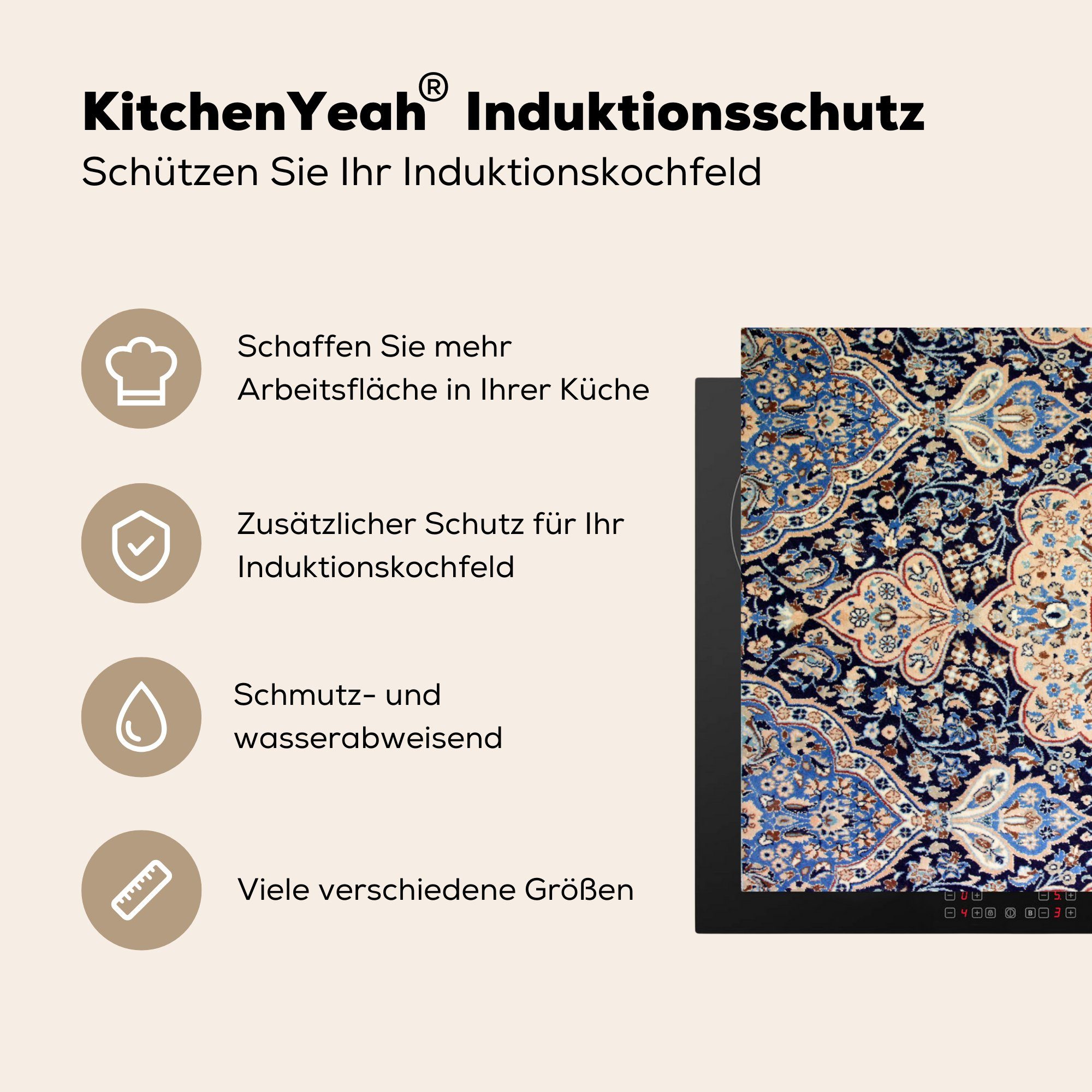 Schutz küche, - Vinyl, 81x52 cm, MuchoWow für Teppich Herdblende-/Abdeckplatte Blau, Persischer die Ceranfeldabdeckung - tlg), (1 Induktionskochfeld - Teppich Mandala