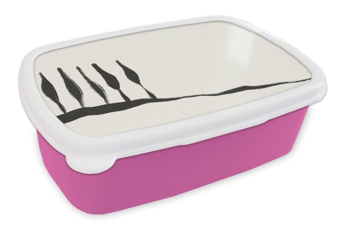 MuchoWow Lunchbox Landschaft - Abstrakt - Schwarz und weiß, Kunststoff, (2-tlg), Brotbox für Erwachsene, Brotdose Kinder, Snackbox, Mädchen, Kunststoff rosa
